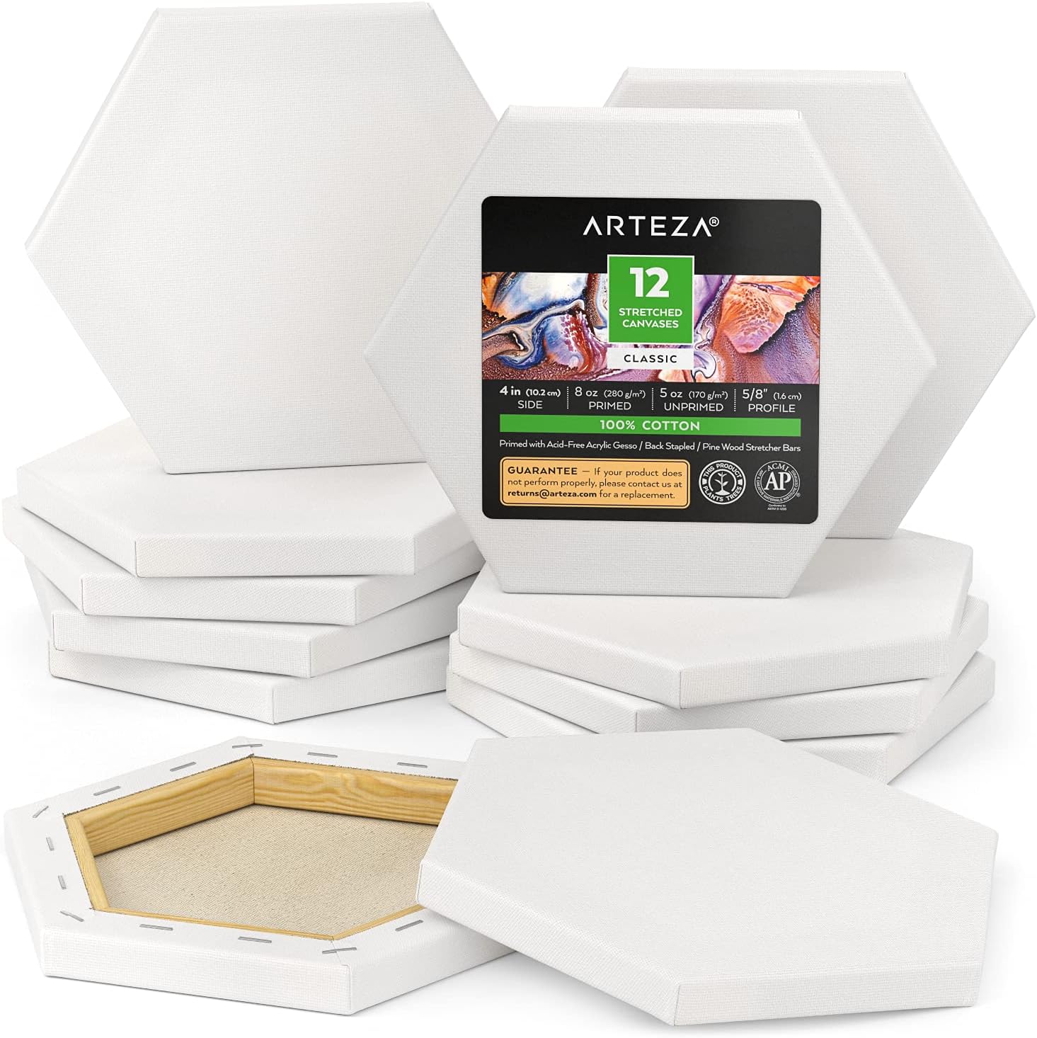 ARTEZA Hexagonal Stretched Canvas, 6 Inch Side, Pack of 9, Blank White Canvas Boards for Acrylic, Oil and Gouache Painting