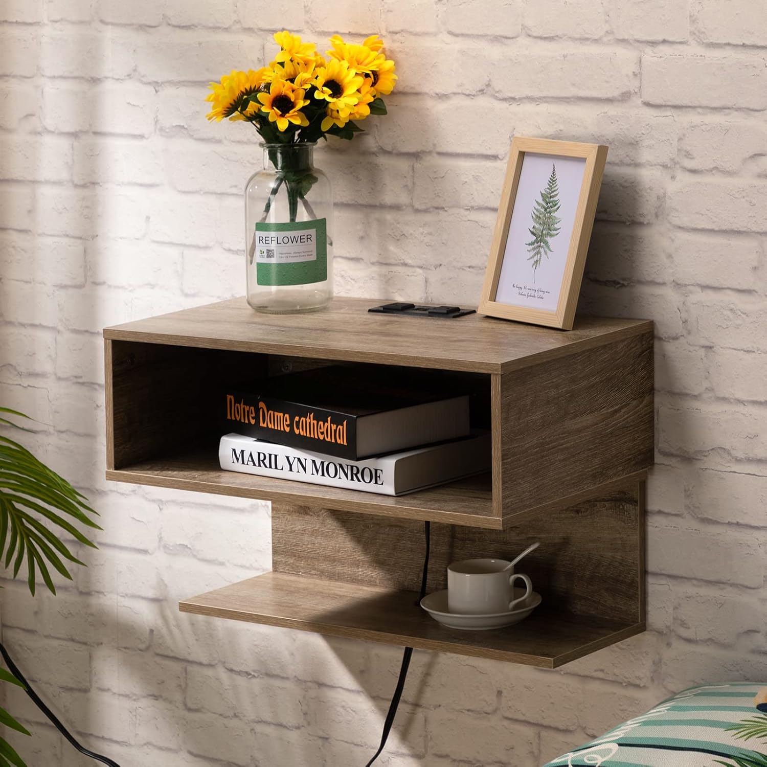 ALIMORDEN Floating Nightstand with Charging Station, Wall Mount Bedside ...