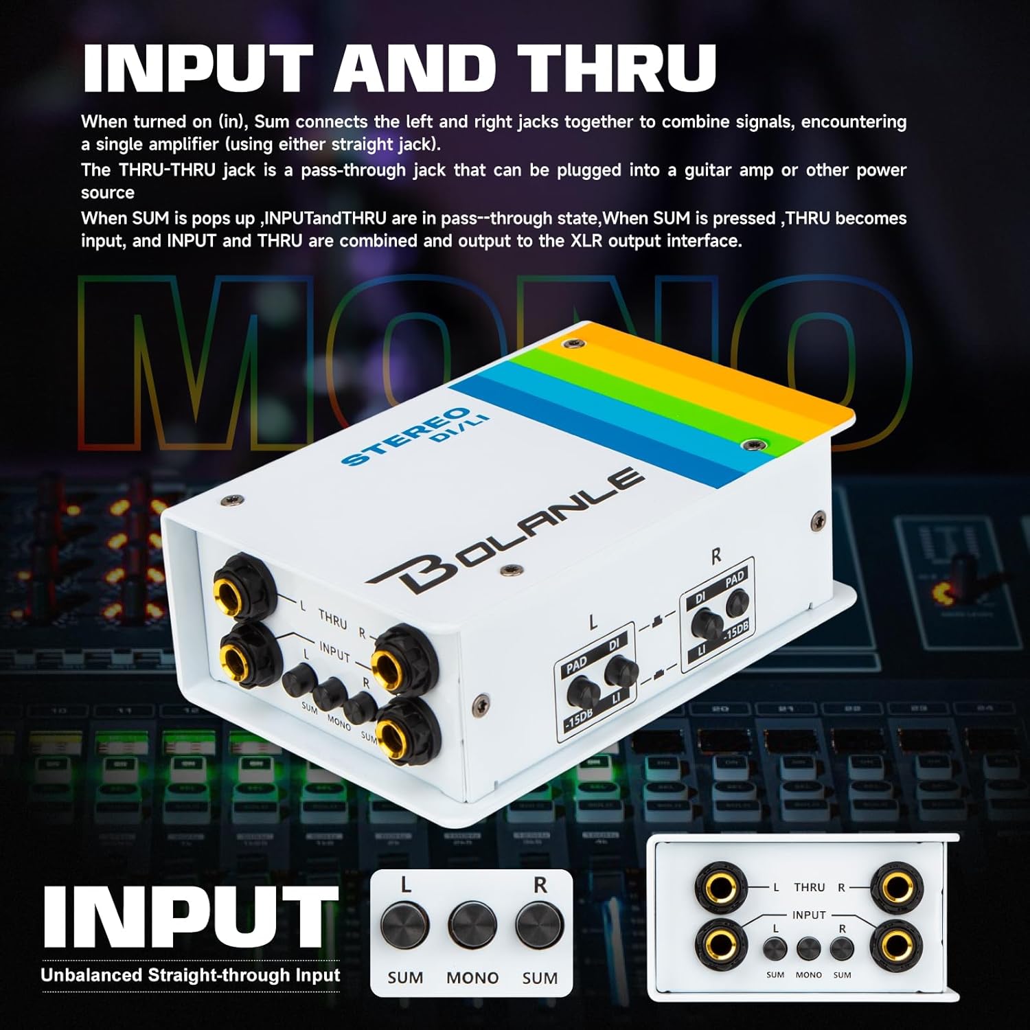 Bolanle Passive Dual Channel DI/LI Box Direct Box Line Isolator, Stereo/Mono Switch for Guitar Bass Keyboard, 1/4 Input XLR Balanced Output, 15dB PAD, GND Lift, THRU Output for Studio Stage Live