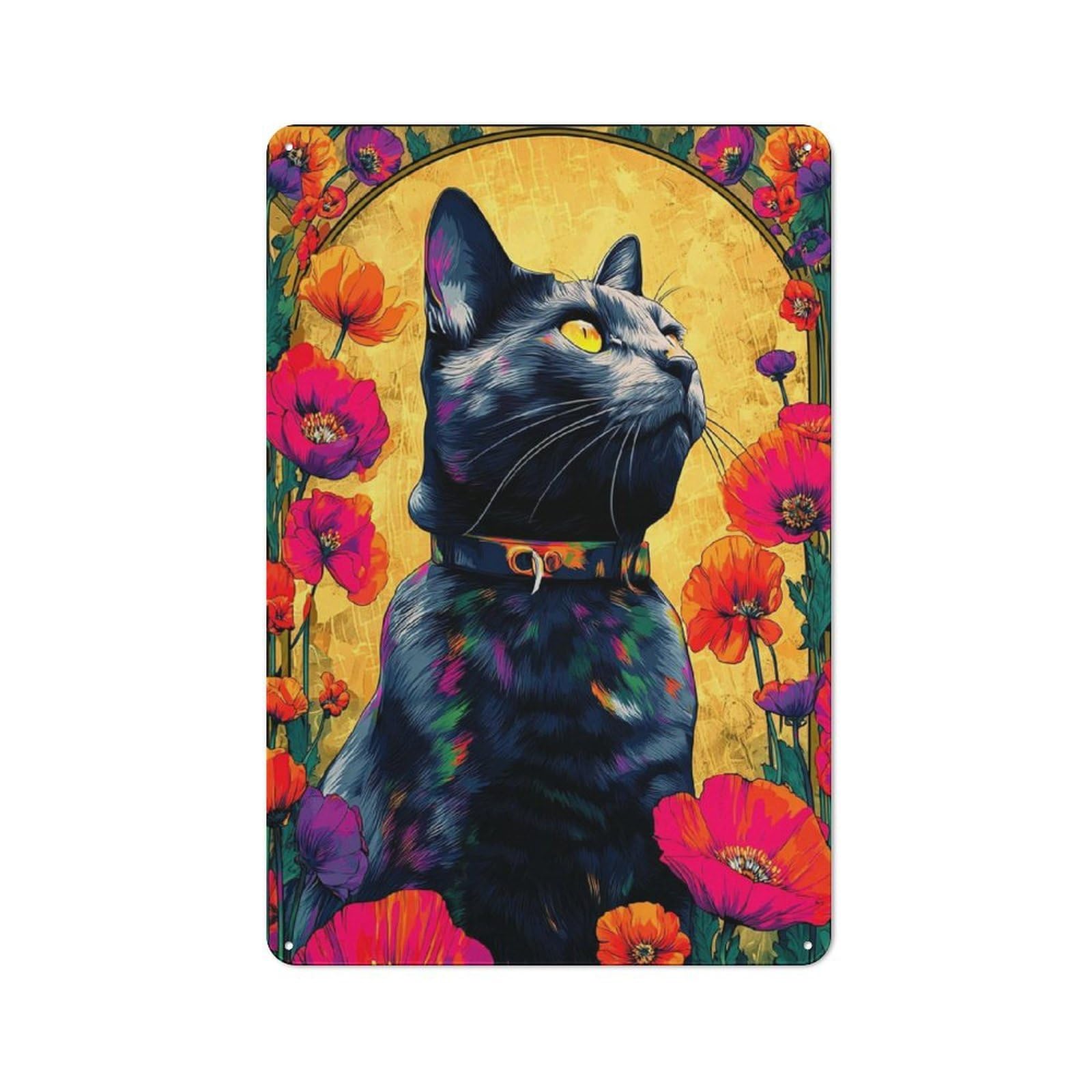 Junmoney Colorful Floral Cat Portrait -3 Character Decorative Tin Plaque 30X20cm Featuring Small Space Decor For Bedroom, Kitchen, Office Or Living Room