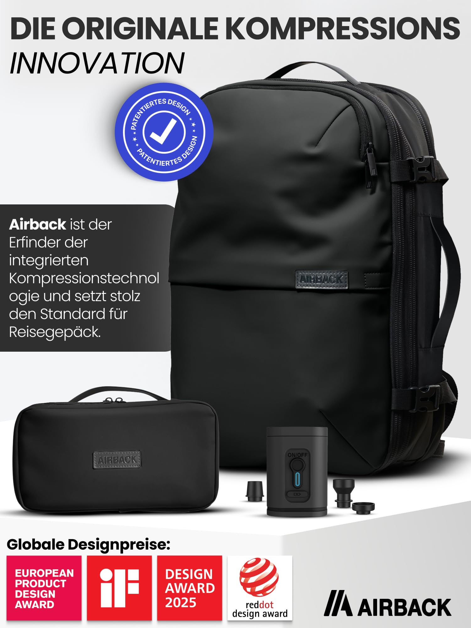 Airback Winzige Luftpumpe, tragbare elektrische Pumpe mit LED-Anzeige, Passend für alle unsere Rucksäcke, Mini Airpump, Schwarz