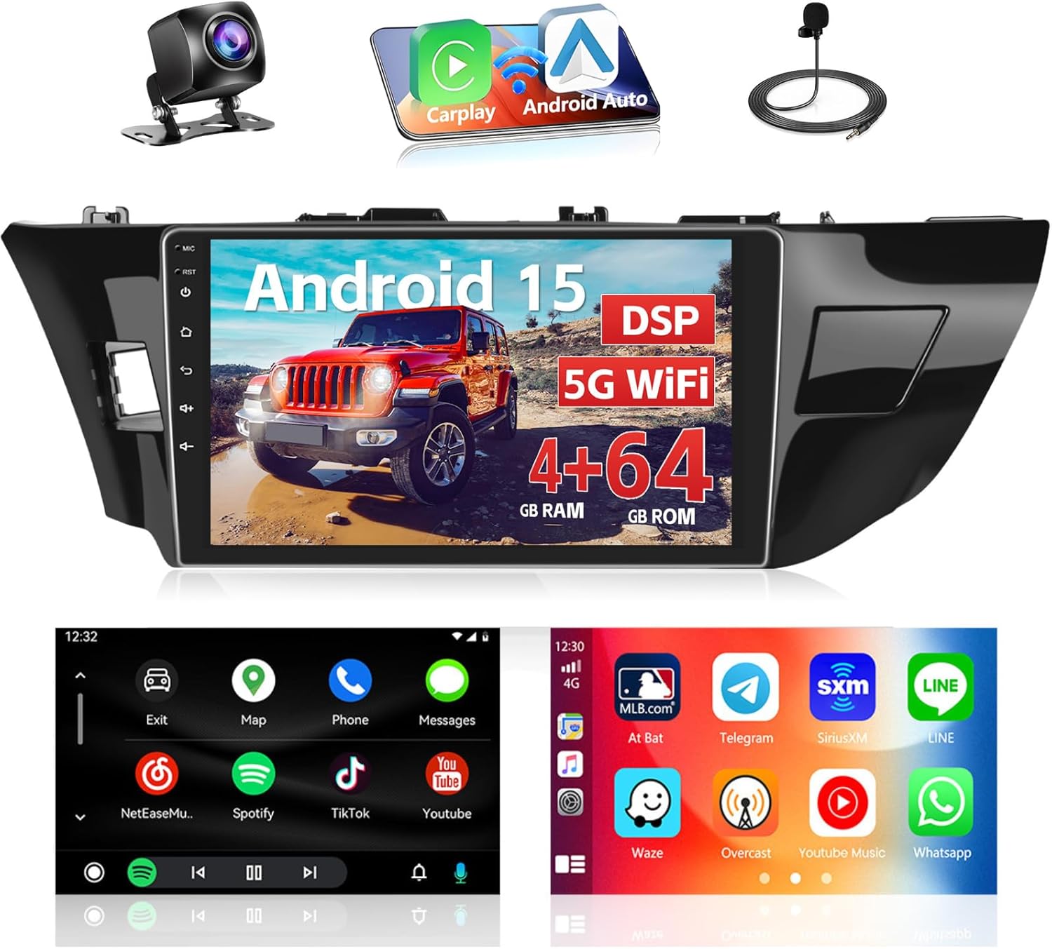 [4+64G] for Toyota Corolla/Levin 2014-2017 Android 15 Car Stereo, Hikity 10'' Touchscreen Radio with Wireless Carplay Android Auto Bluetooth Mirror Link GPS/5G WiFi/SWC, DSP/FM/RDS/EQ Backup Cam+Mic