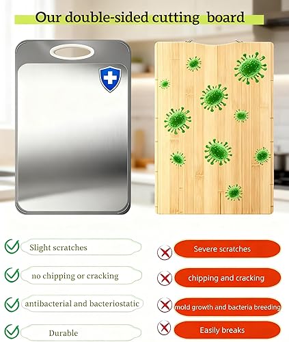Miniatura 5 de Tabla de cortar de acero inoxidable para cocina, tabla de cortar de metal de doble cara, tabla de cortar no tóxica de gran tamaño con ranura para