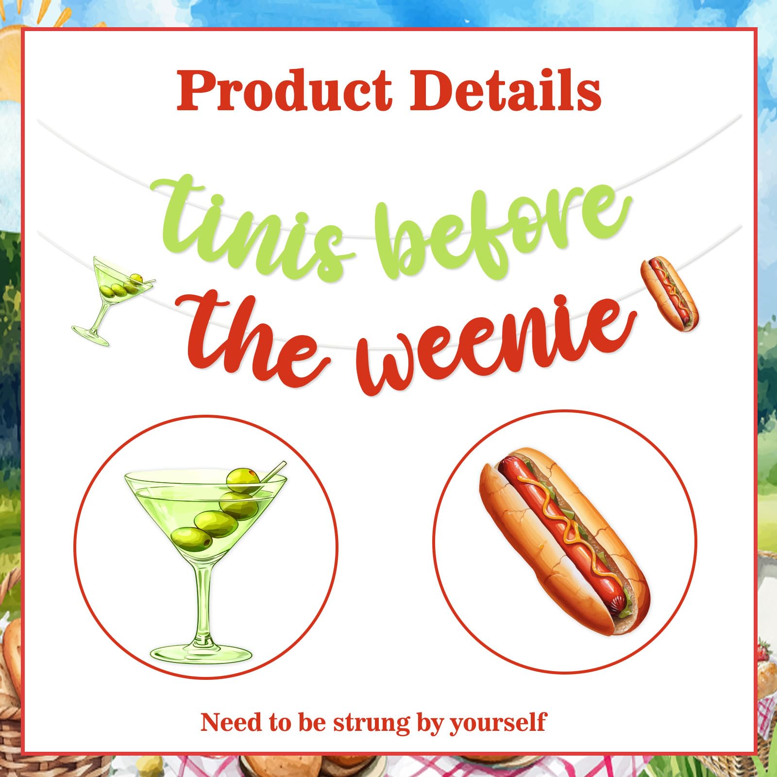 Weenies & Tinis Banner Decorativo Per Festa Addio Al Nubilato, Tinis Before The Weenie, Verde E Rosso, Tema Martini E Hot Dog - 5