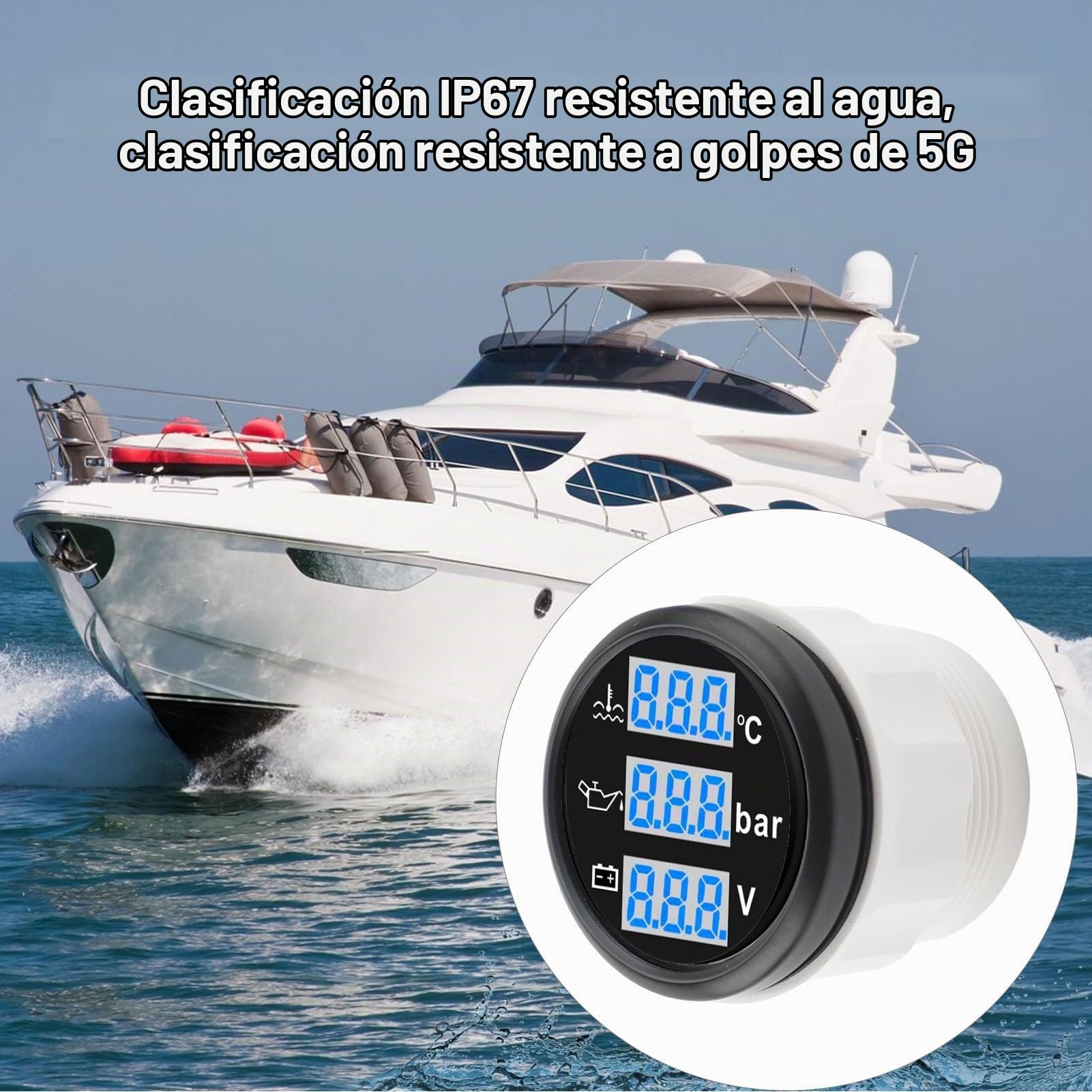 Voltímetro de Presión de Aceite y Temperatura del Agua para Barcos, 52mm | 3 en 1 Pantalla digital, IP67 Prueba de Agua, Multifunctional Juego de Calibre Triple para Vehículos Base Negra Marco Negro