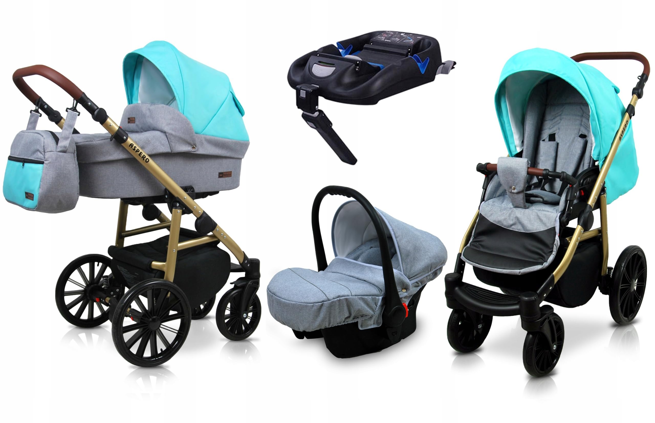BabyLux® Wózek dziecięcy kompletny zestaw 4 w 1 - Aspero - w tym gondola dla niemowląt, wędka, fotelik samochodowy, podstawa ISOFIX - system kombinowany dla niemowląt, z torbą do przewijania itp.