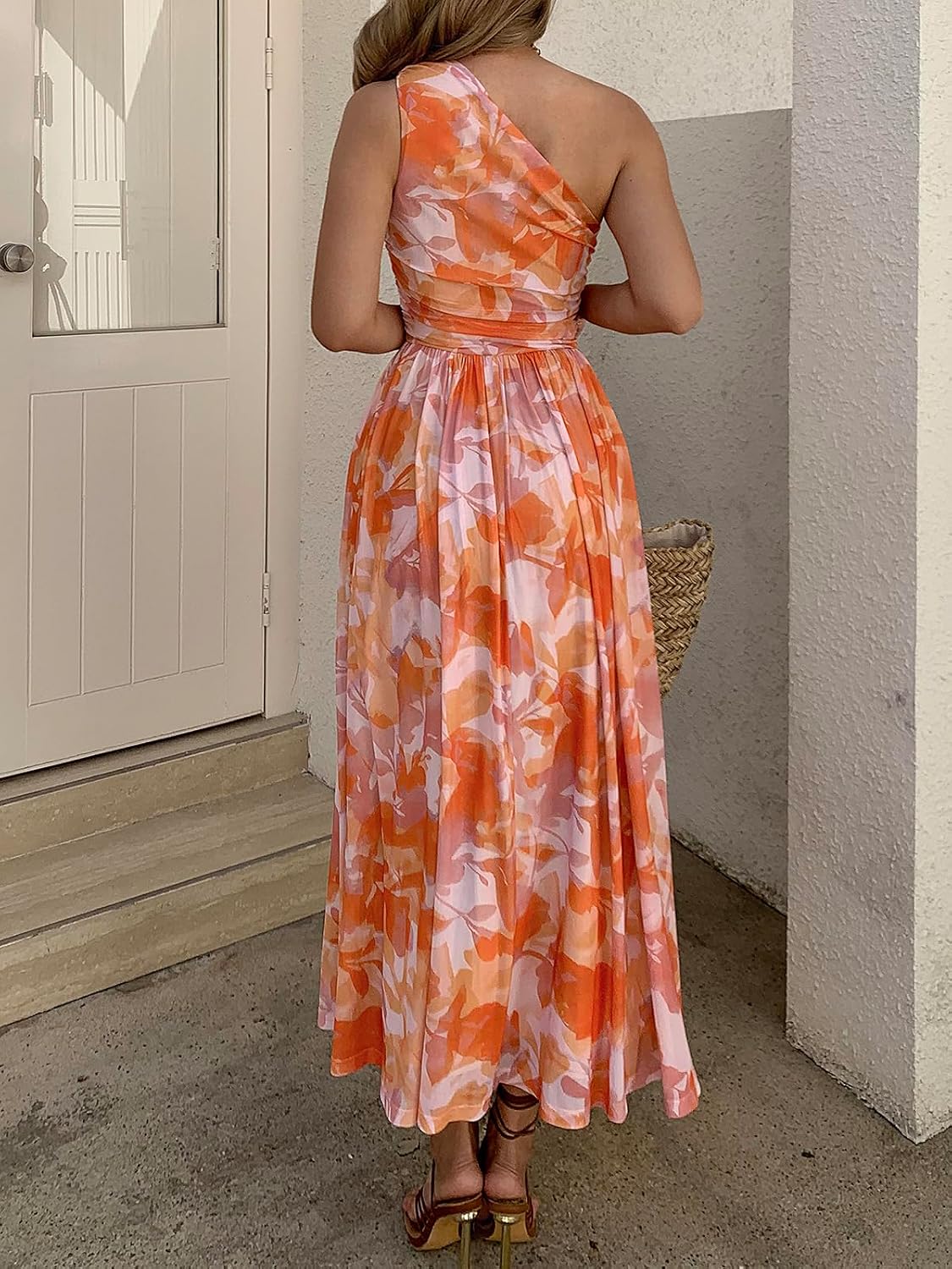 Women Summer One Shoulder Maxi Dress Sleeveless Ruched Mesh Long Beach Vacation Floral Sundresses Wedding Guest Dress