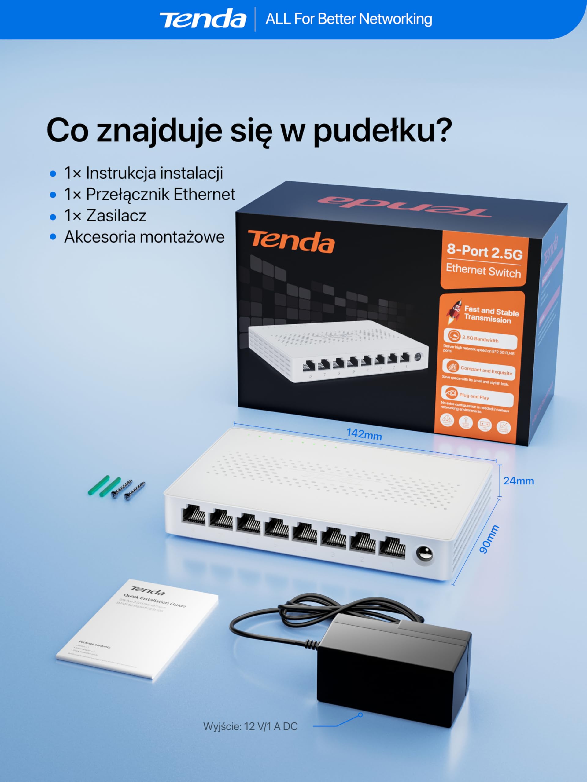Tenda SM108 8-portowy przełącznik 2,5 Gb/s, niezarządzany przełącznik sieciowy 2,5 Gigabit (Plug-and-Play, bez wentylatora, montaż ścienny, do serwerów NAS 2,5G, punktów dostępowych, komputerów) Biały
