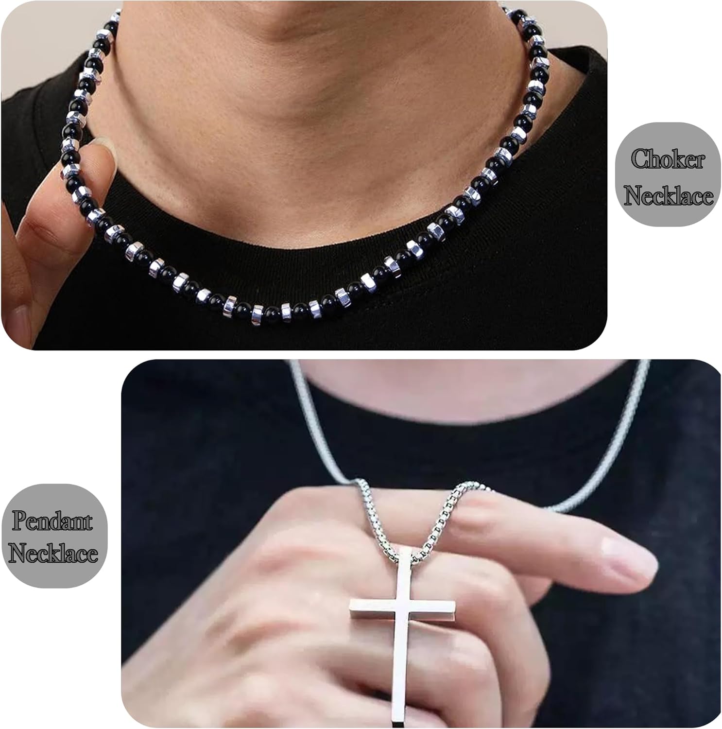 2PS Cross Necklace for Men - Black Obsidian Necklace - 6mm Healing Crystals Beaded Choker Necklace Stainless Steel Cross Pendant Jewelry Gifts for Men - Image 4
