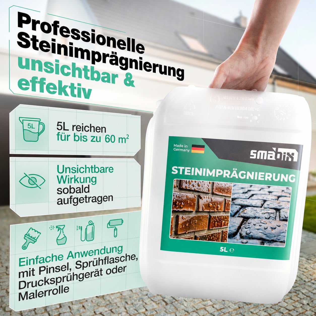 Smabix® [5L] Steinimprägnierung Außen I für 60 m² I Made in Germany, Schutz vor Feuchtigkeit, Imprägnierung für Terrassenplatten, Natursteine, Beton, Pflastersteine, Fassaden, Steinversiegelung Außen