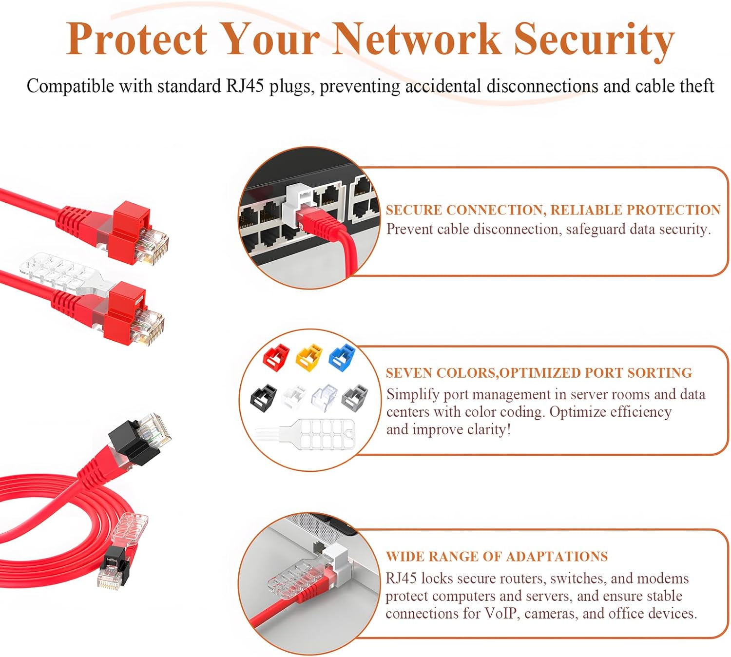 35 PCS RJ45 Network Port Security Lock with 3 Key,Removable Ethernet Cable Lock, Provide Physical Protection for Laptops, Computers and RJ45 Network Devices (5 PCS Per Color)