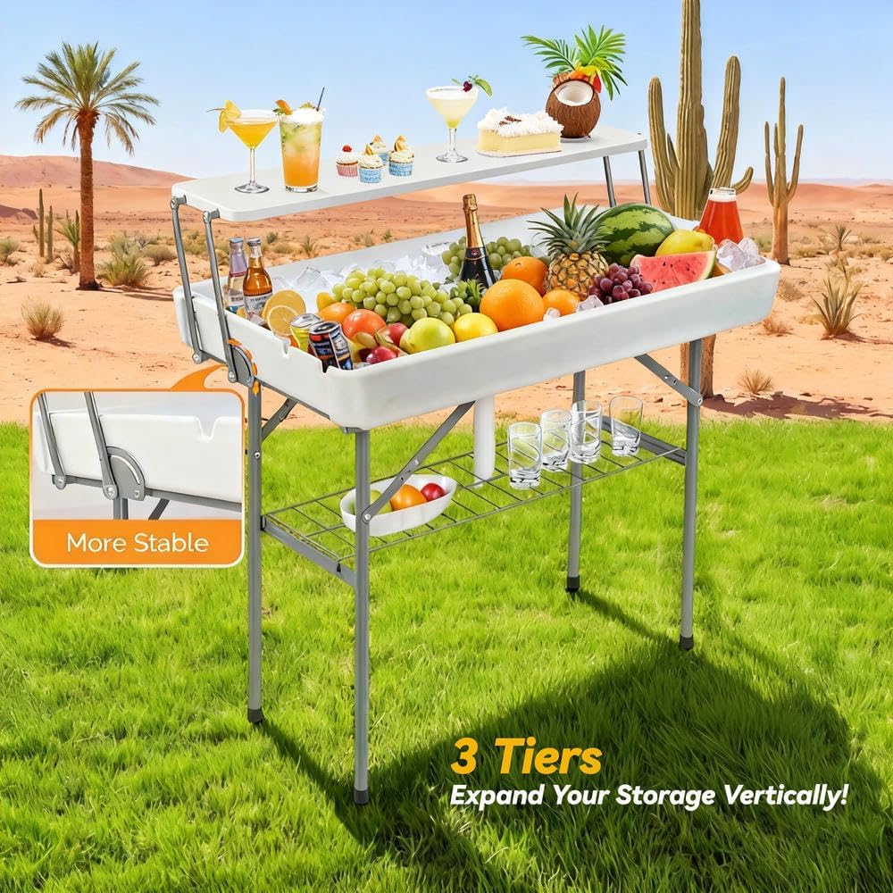 DWVO 4 FT Party Ice Cooler Folding Table, 2 Tier Portable Outdoor Cooler Table with Drain White Detachable Skirt, Ice Folding Table for Party Camping Picnic BBQ Wedding