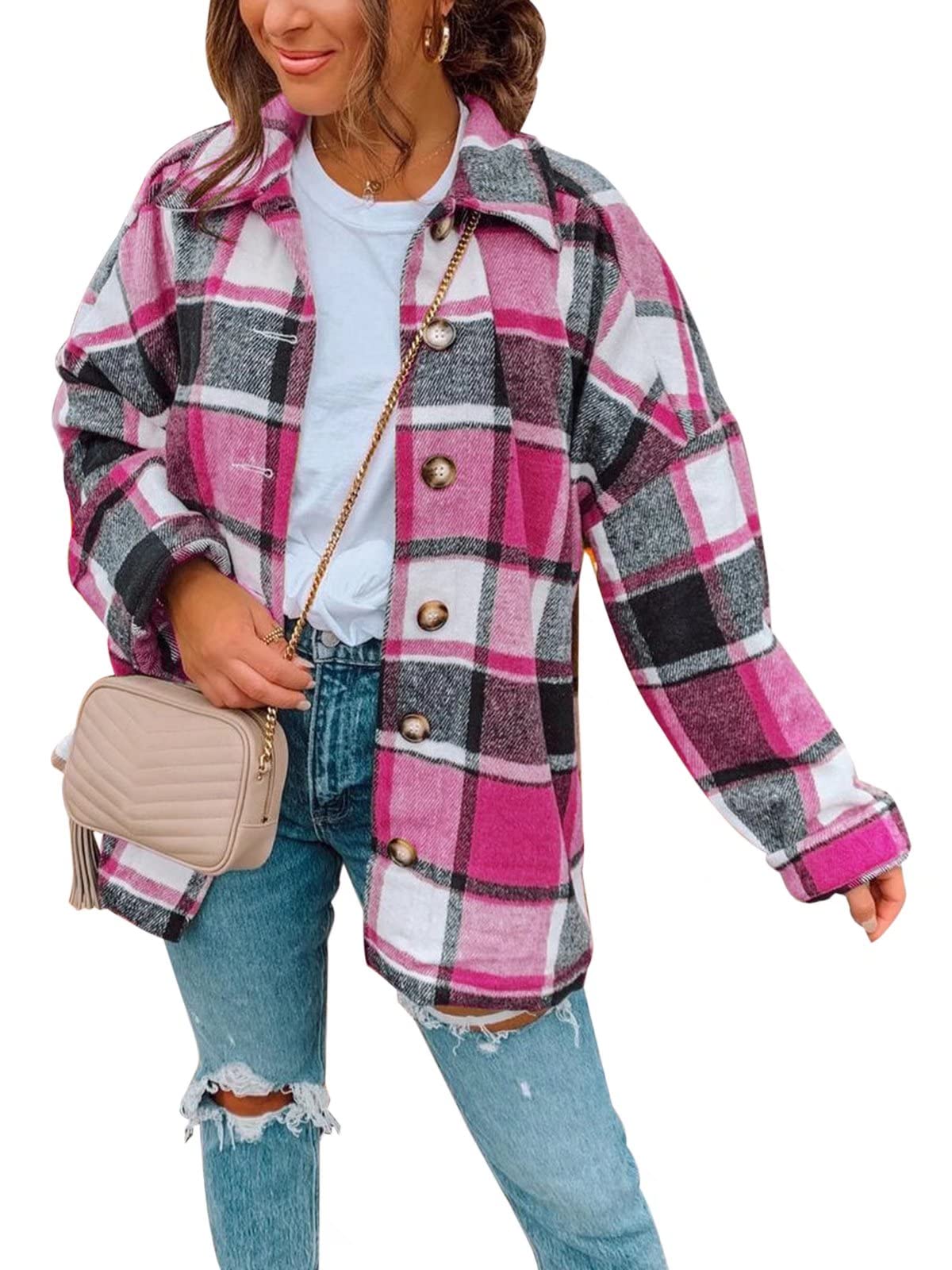 RAMOUG Women Plaid Flannel Lapel Jacket Shirt Shacket Loose Button Down Cardigan