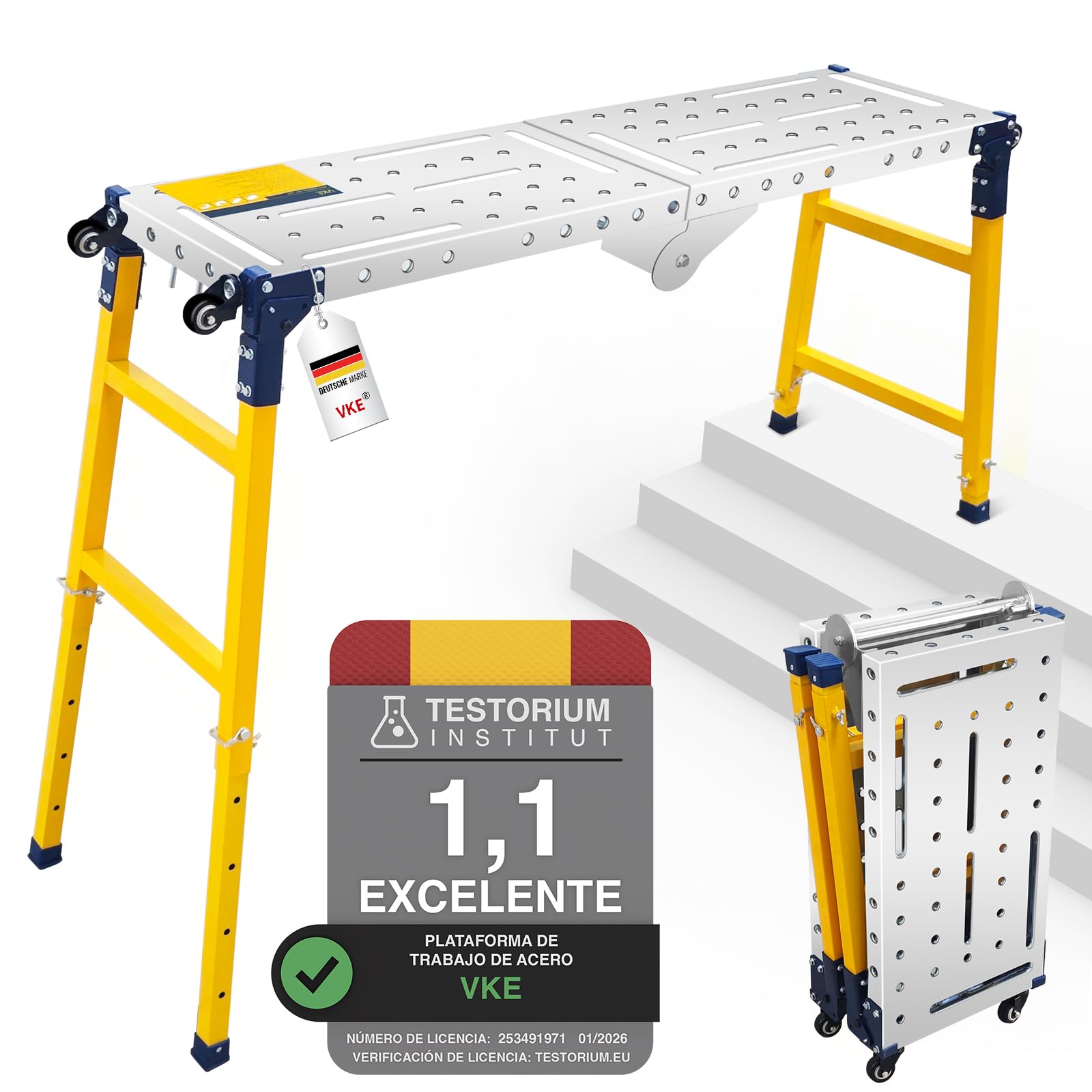 VKE Plataforma de Trabajo 140 × 36 × 110 CM de Chapa Galvanizada, 500 KG de Capacidad de Carga, Andamio Portátil, Escalera Andamio Plegable con 4 Ruedas Universales, Regulable en Altura