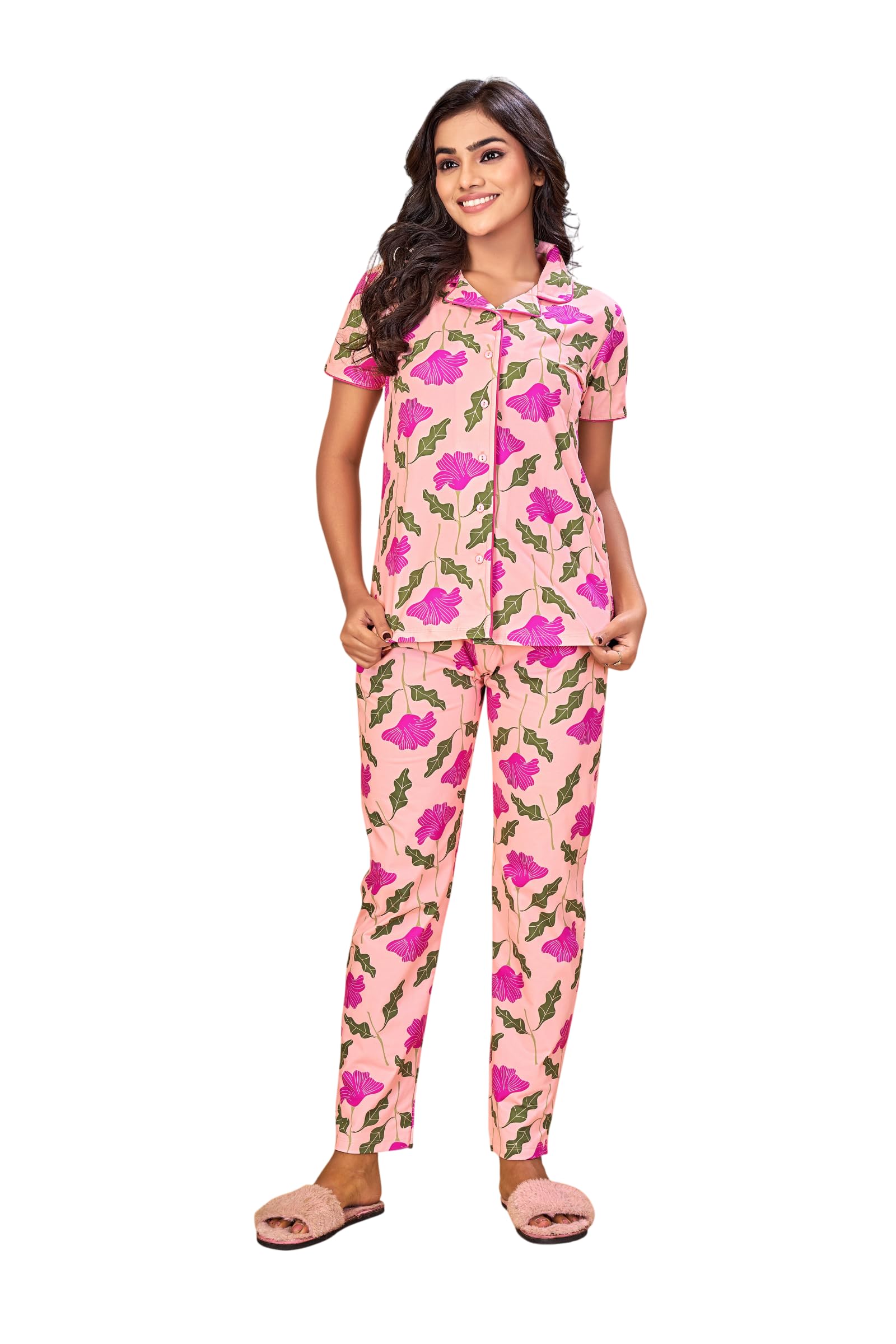 Women's Baby Pink Ginkgo Floral Printed Night Suit | Half Sleeve Shirt with Full Length Pajama | Floral Sleepwear Lounge Wear Home Wear Co-Ord Set for Women-picture-53