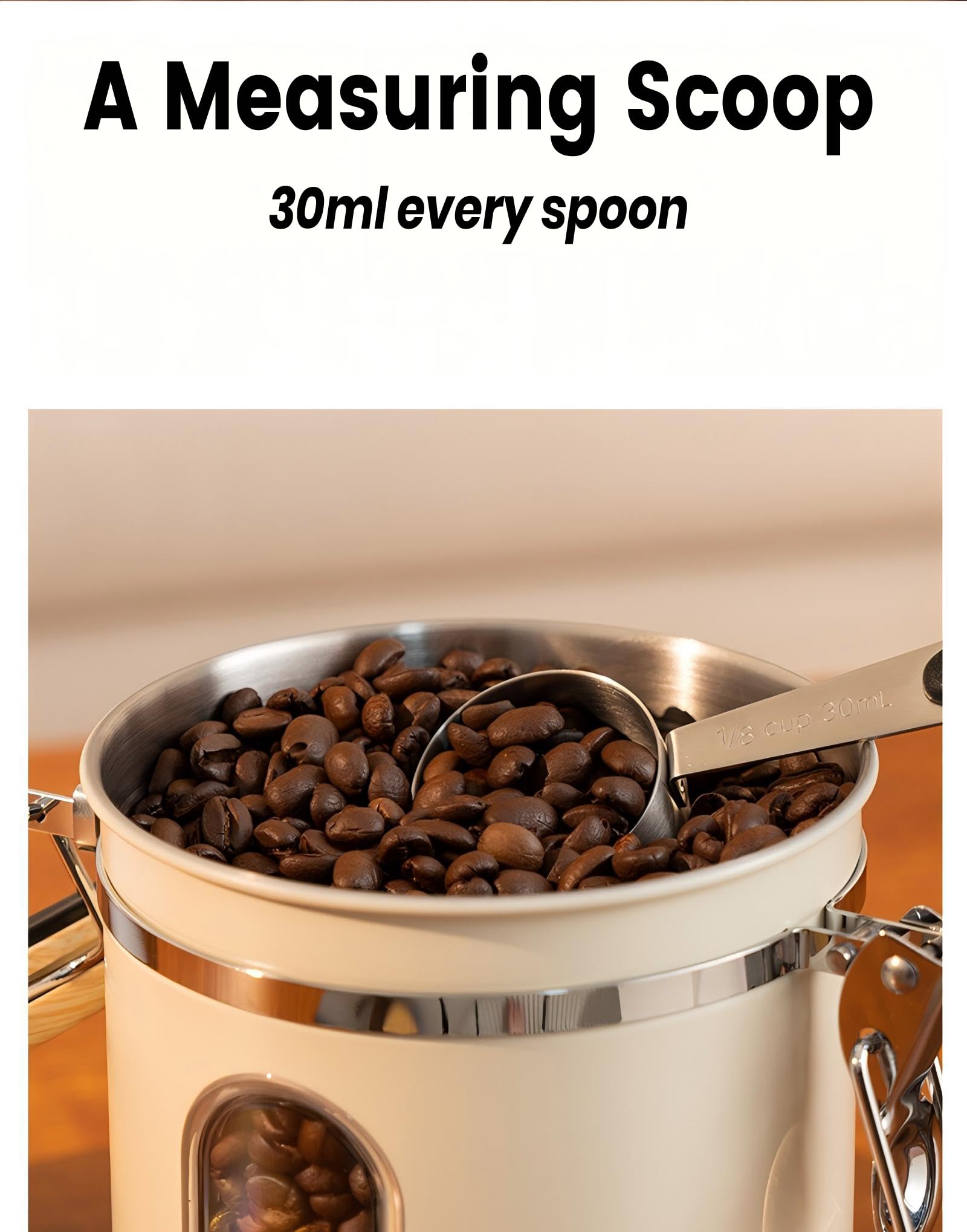 1800ml Coffee Canister with Window 22oz, Date Tracker & Scoop, Ground Beans, Airtight Stainless Steel Kitchen Food Storage Container, Tea, Cereal, Sugar, Bar Accessories Gifts Jar, Cream — view 2
