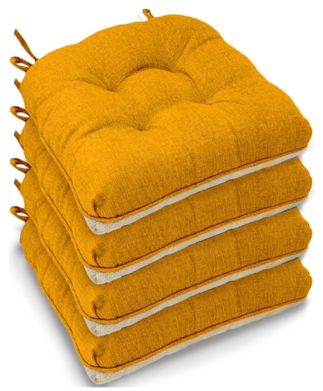 Casabella Chair pads - Dining Chairs Cushion - 4 Pc Cushions 45x45+8cm Non Slip Backing Chairpads - Tufted Seat pads With Ties - Durable & Soft Cushions for Kitchen, Garden - Yellow