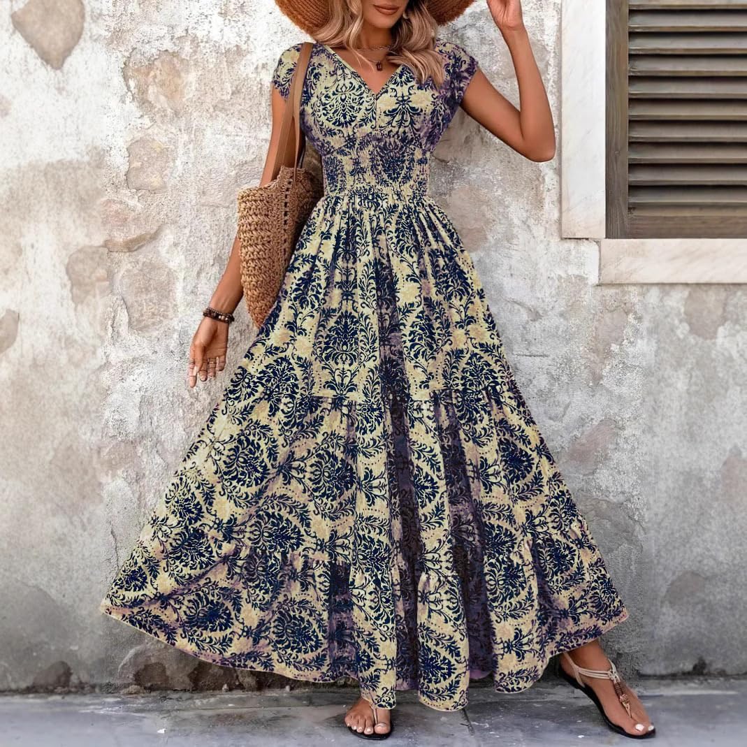 Women's Boho Vintage Print V-Neck Maxi Casual Dress Short Sleeve Tiered Ruffle Hem Summer Dress for Beach Vacation & Date Night (Navy M)