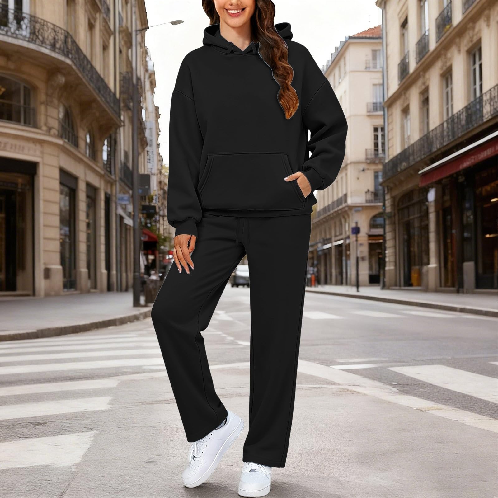 Ensemble de pyjama 2 pièces à manches longues pour femme | Ensemble de pyjama côtelé uni à manches longues, sweat à capuche et taille élastique, pantalon long