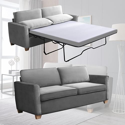 Mjkone 2-in-1 Pull Out Velvet Sofa Bed with Folding Mattress, Full Size Couch Bed Suitable for Living Room, Sofa Sleeper for Apartment/Small Spaces ( Grey)