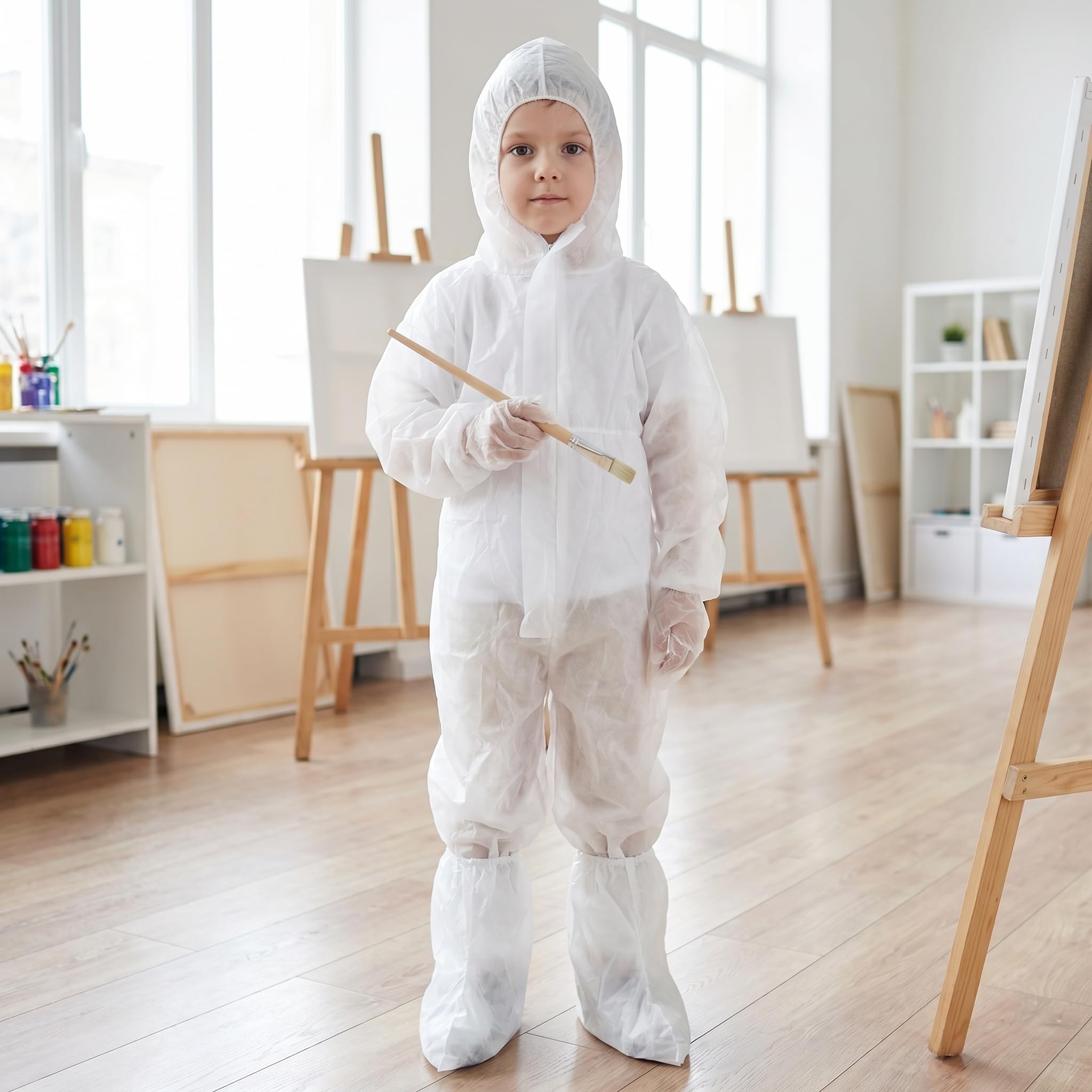 VALICLUD Mono desechable para niños con muñecas elásticas, Tobillos y Capucha, Traje de ventilación Antipolvo no poroso, Blanco, con Guante y Funda para Zapatos