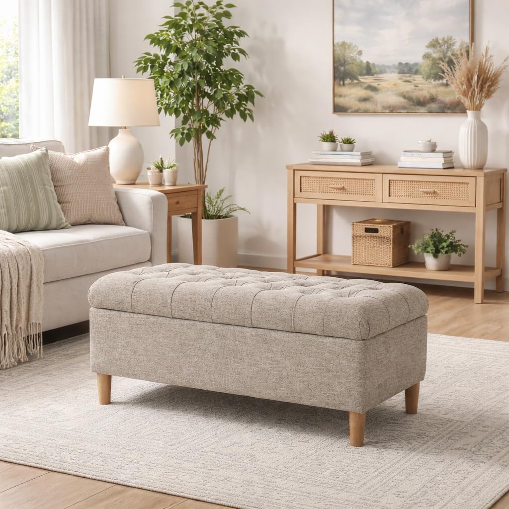 Homepop Home Decor | Tufted Ainsley Button Storage Ottoman Bench with Hinged Lid | Ottoman Bench with Storage for Living Room & Bedroom,Midtone Gray
