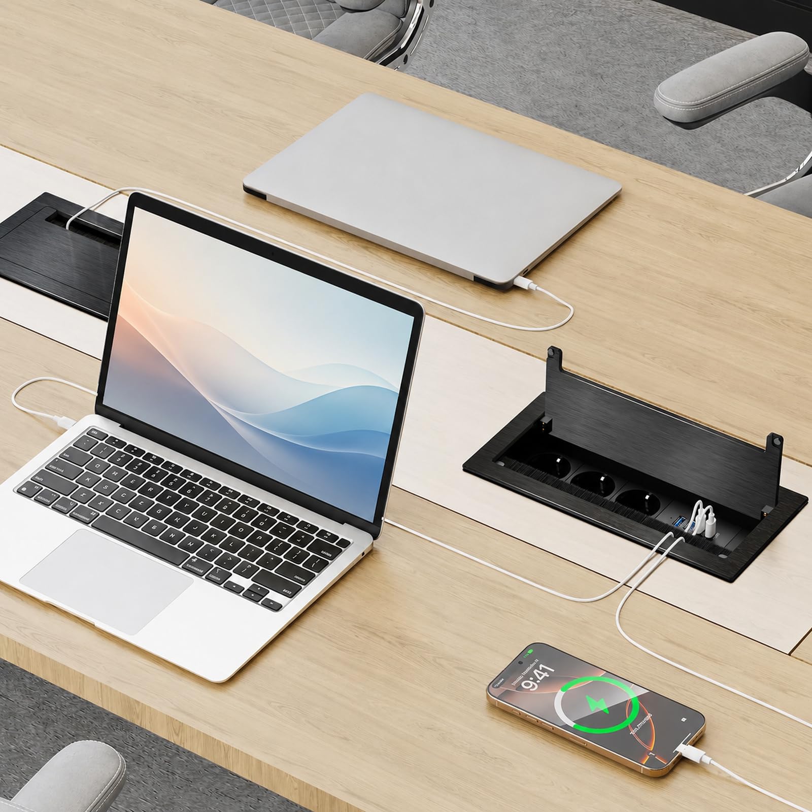 Versenkbare Steckdose mit 2X USB-C PD 30W, 3-Fach, Aluminium | 2x USB-A QC 18W, Klappdeckel für saubere Optik, Bürstenleiste für Kabelmanagement, 1,8 m Kabel, Schreibtisch & Küche