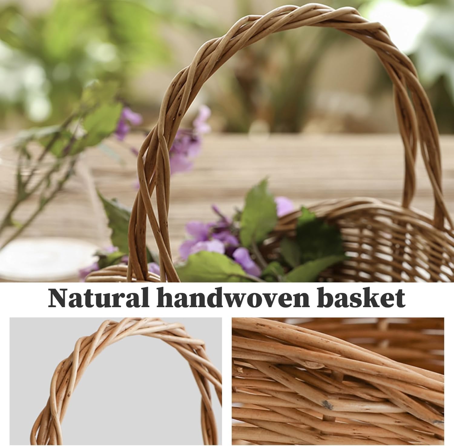 Cestino da picnic in rattan intrecciato con manico, cestino in vimini naturale per frutta, verdura, fiori, portaoggetti portatile per giardino, riunioni all'aperto, decorazione per la casa
