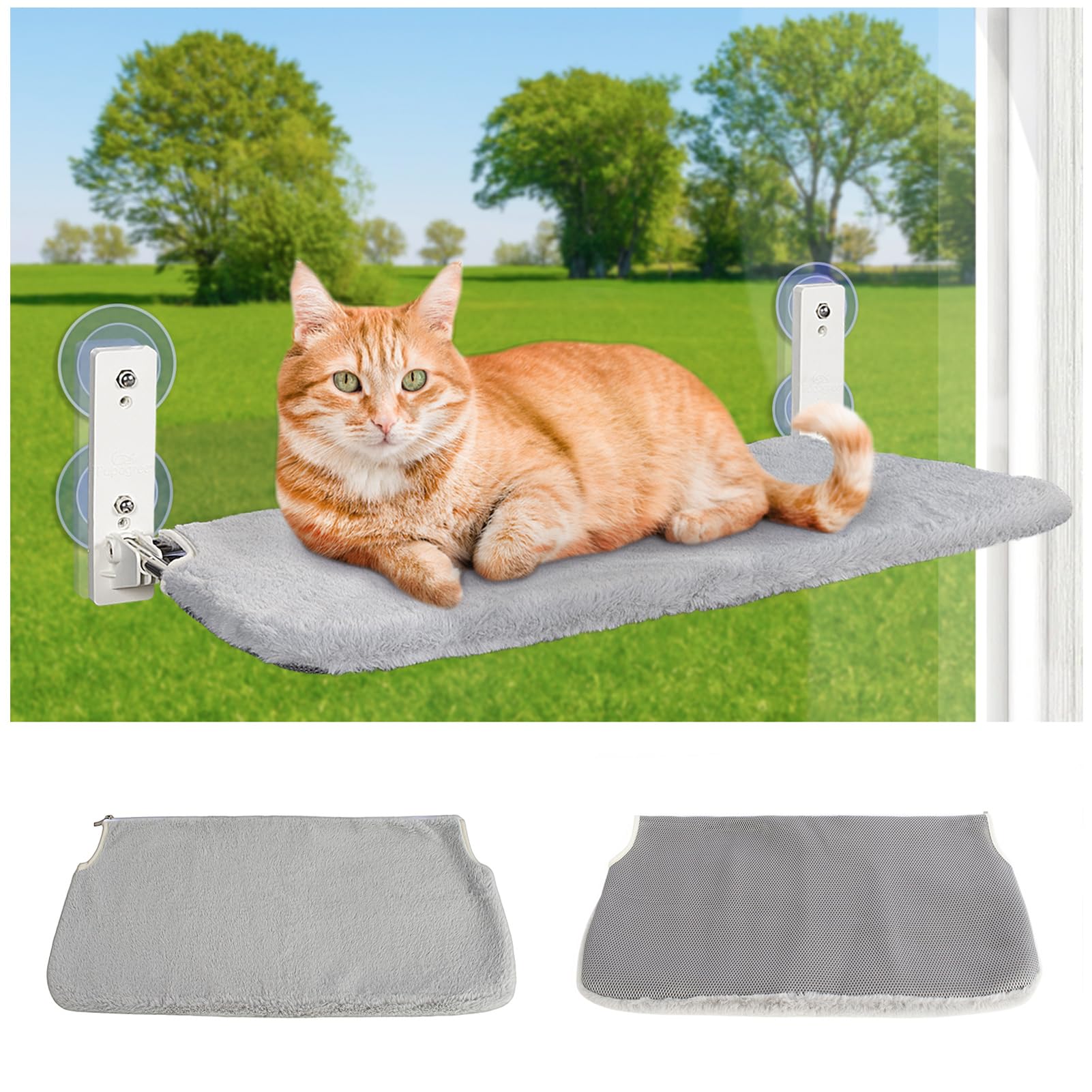 PUPAGREE Percha Plegable inalámbrica para Ventana de Gato, Hamaca para Ventana y Pared, con 4 ventosas, Marco Resistente para Ventanas de Vidrio y Paredes Interiores (Gris, Grande)