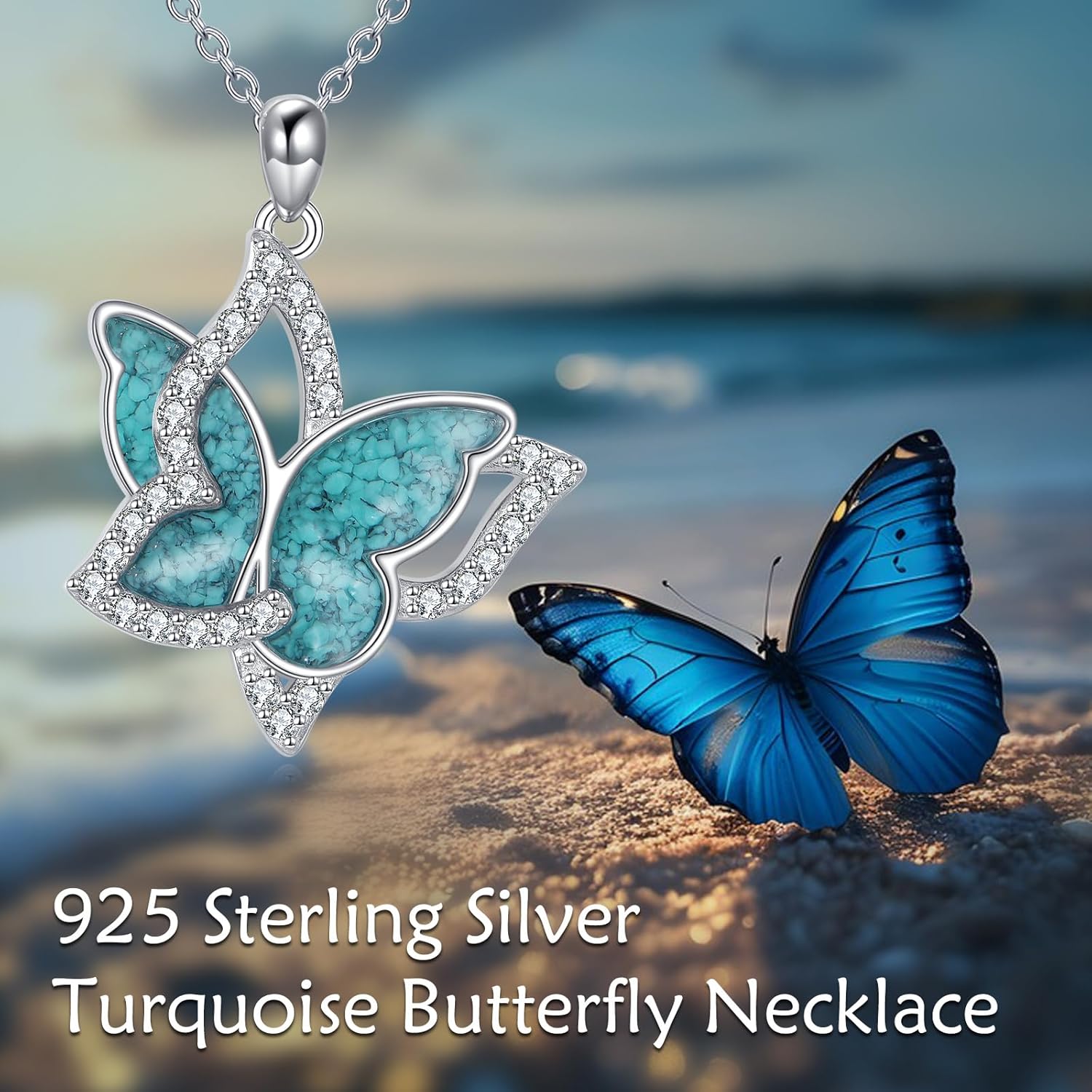 Turquoise Necklace S925 Sterling Silver Butterfly/Phoenix/Horseshoe/Wave Pendant Necklaces Turquoise Jewelry Gift for Women Female Lover - Image 4