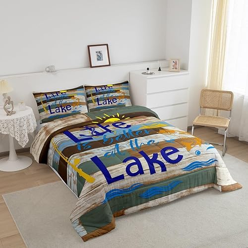 Miniatura 9 de Juego de edredón de casa de lago para niñas, tamaño Queen, estilo rústico de granja, juegos de ropa de cama de decoración de pesca para niños y