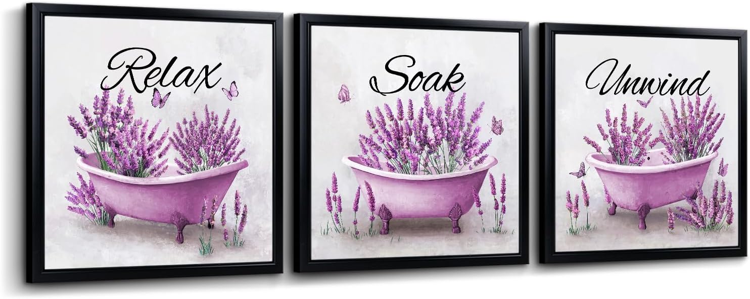 Nachic Wall Framed Lavender Bathroom Wall Art Relax Soak Unwind Bathtub Watercolor Canvas Prints Purple Floral Rustic Farmhouse Spa Wall Decor