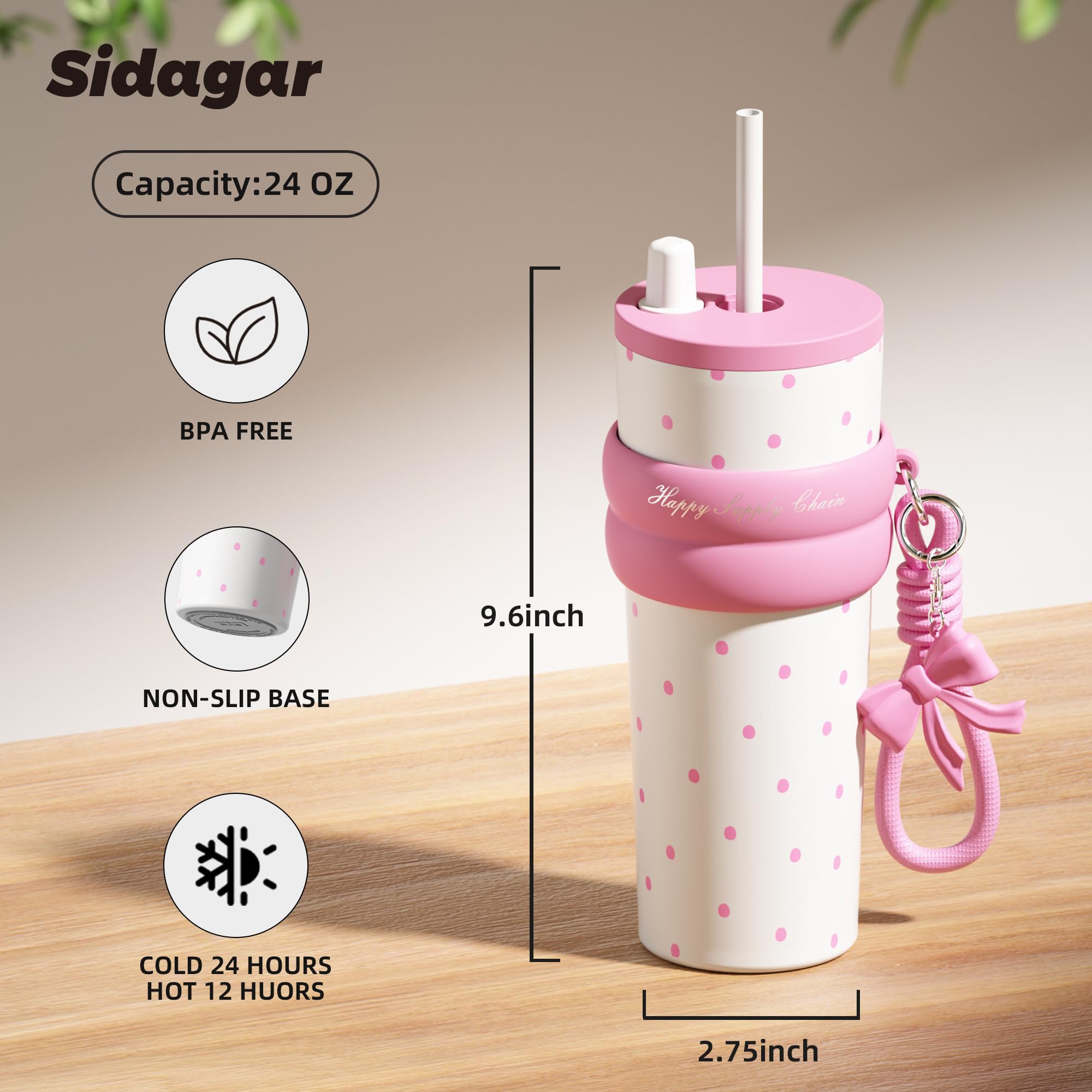 Sidagar 24 oz Insulated Tumbler witn Lid and Straw, Stainless Steel Reusable Leak Proof Water Bottle - Image 3