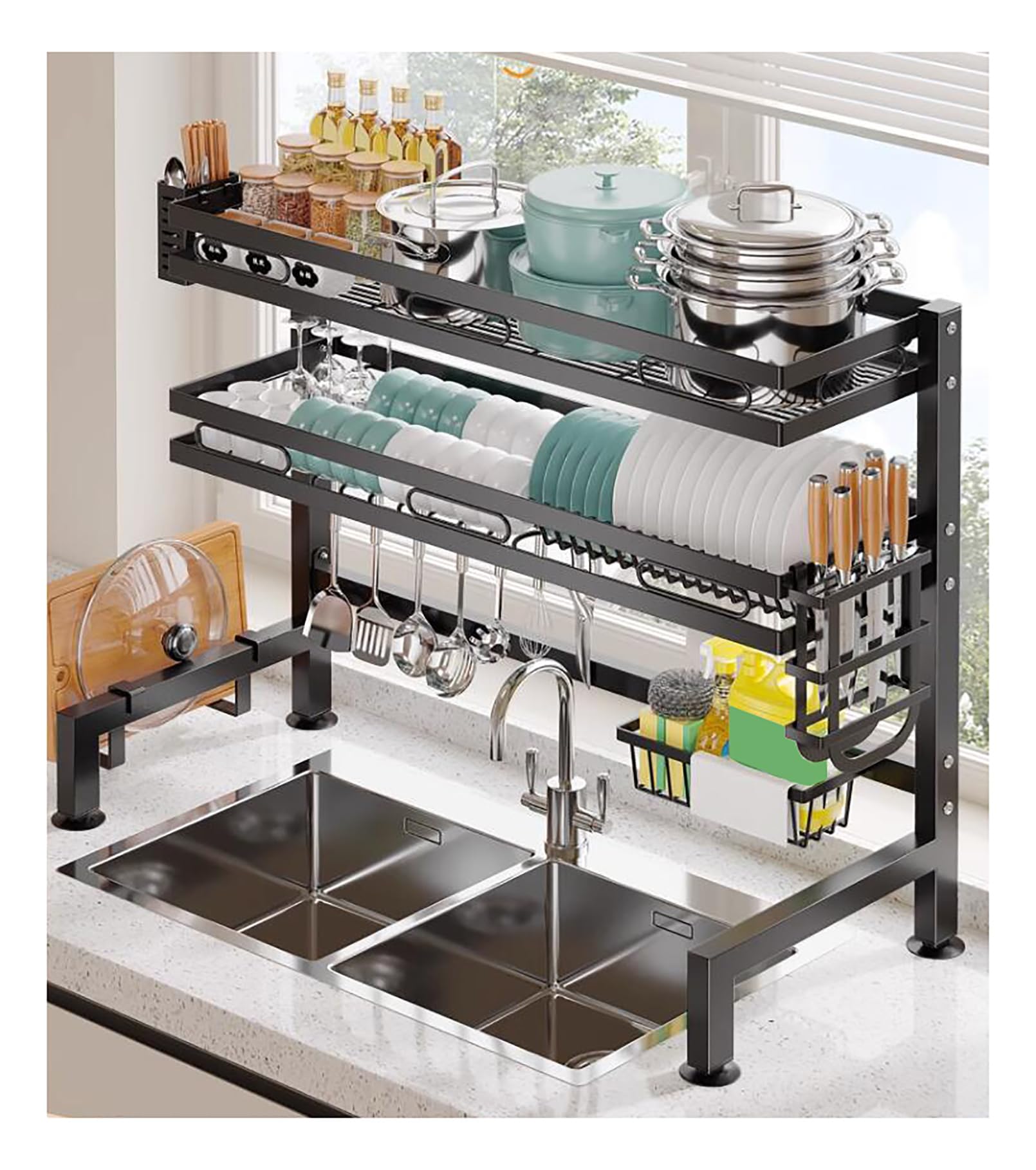 Large Over The Sink Dish Rack 2 Tier Kitchen Drying Rack with Hooks Utensil Holder Sink Caddy Drainer