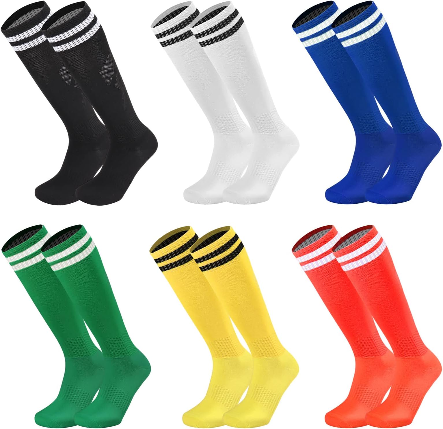 6 Pairs Kids Youth Soccer Socks Solid Striped Knee High Tube Football Sports Socks for Boys Girls 6-12 Years Old