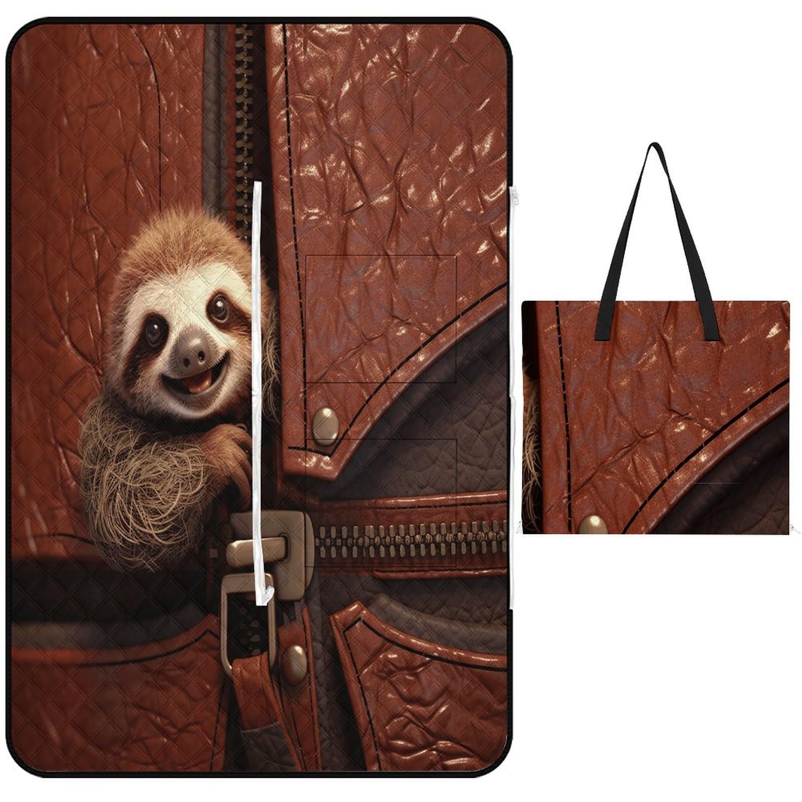 VstaDank Sloth on Zipper Picnic Mat 150x100cm Extra Large Picnic Blanket with Zipper Waterproof Sandproof Beach Blanket Portable Beach Mat Foldable Camping Blankets for Park Grass Lawn Travel