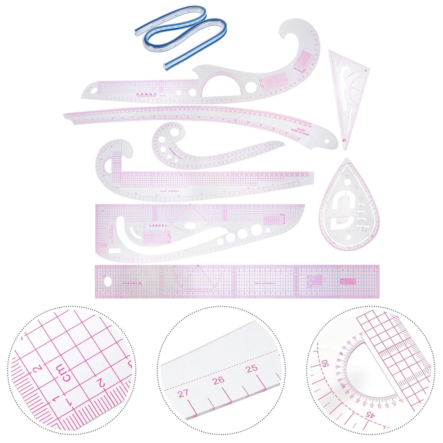 9pcs Sewing Ruler Set with French Curve Pattern Rulers for Tailors, Quilting and Fabric Measuring, Professional Sewing Supplies for Pattern Making and Garment Design