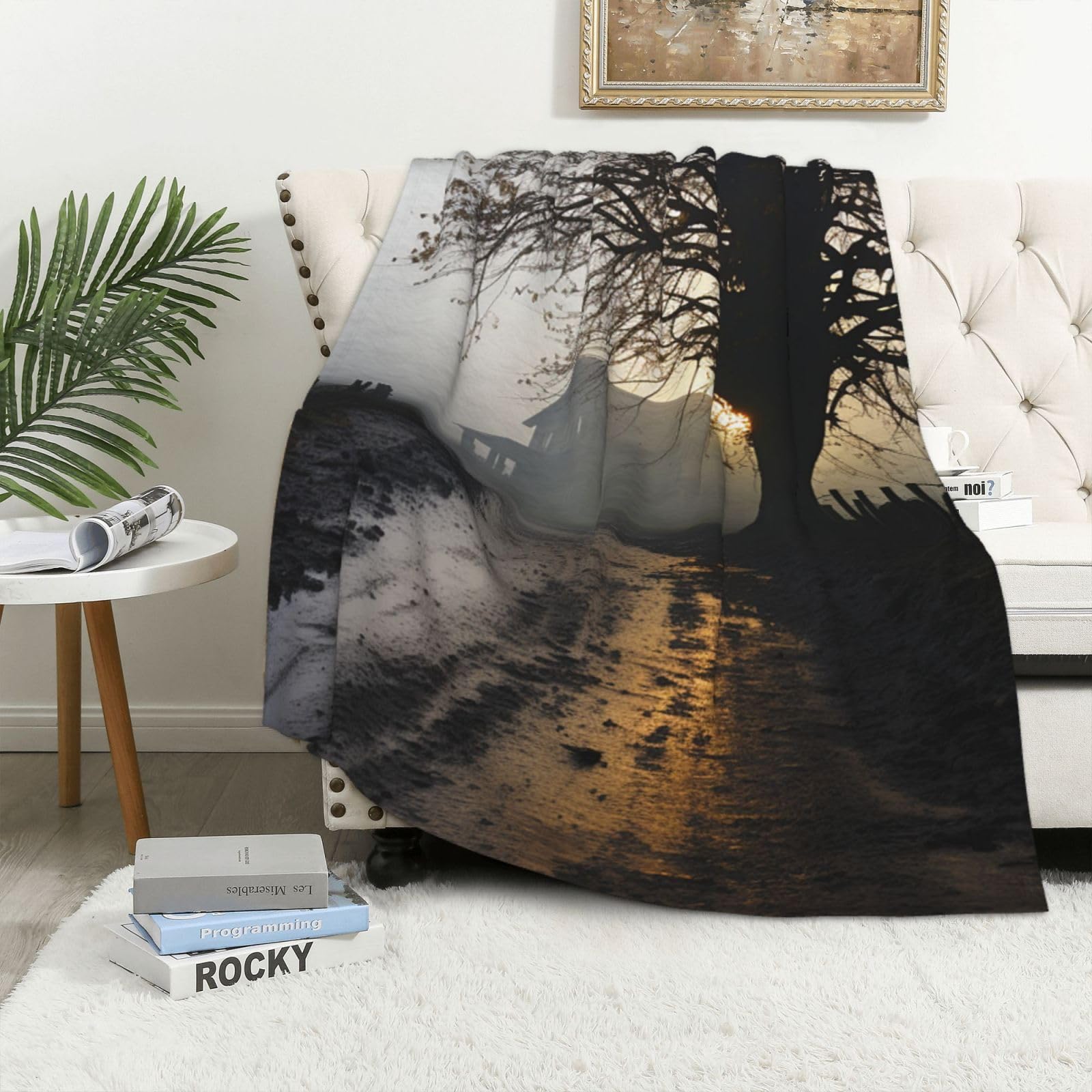 Couverture polaire en flanelle 101x152 cm jeté de lit à motif ferme brumeuse