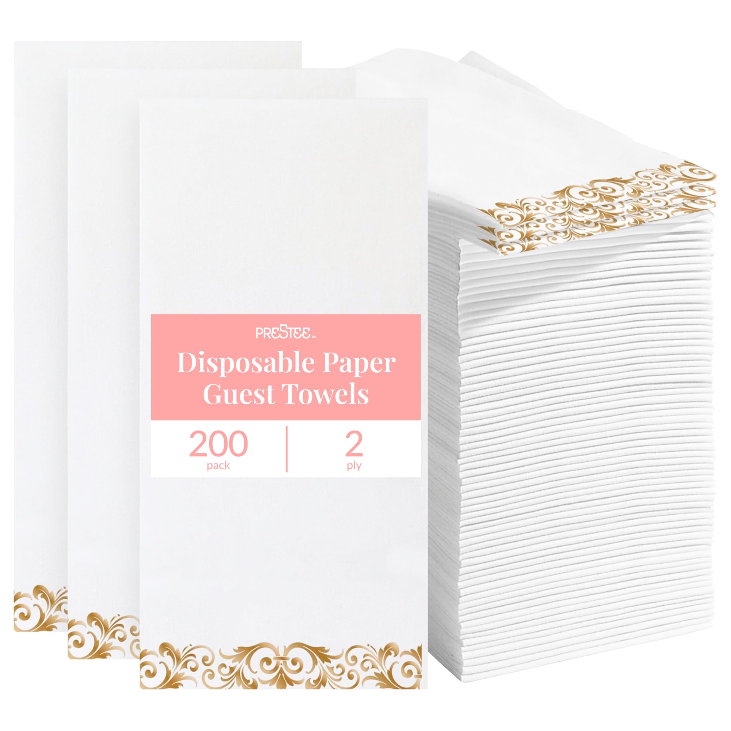 Prestee Paquete de 200 toallas de papel desechables para baño, elegantes servilletas de papel con tacto de lino, toallas decorativas blancas y doradas para baño, bodas y fiestas, calidad de élite y