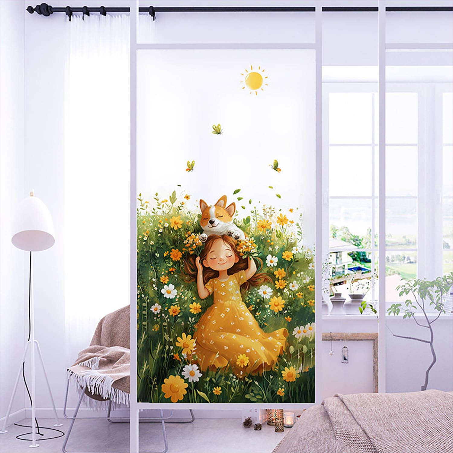XQKXHZ Static Cling Window UV Protection Film,Anti Glare Window Cling Privacy Film,Non-Adhesive Reusable Decorative Glass Film for Home,Bedroom,Bathroom (Floral & Plants & Girl Pattern),C,90x200cm