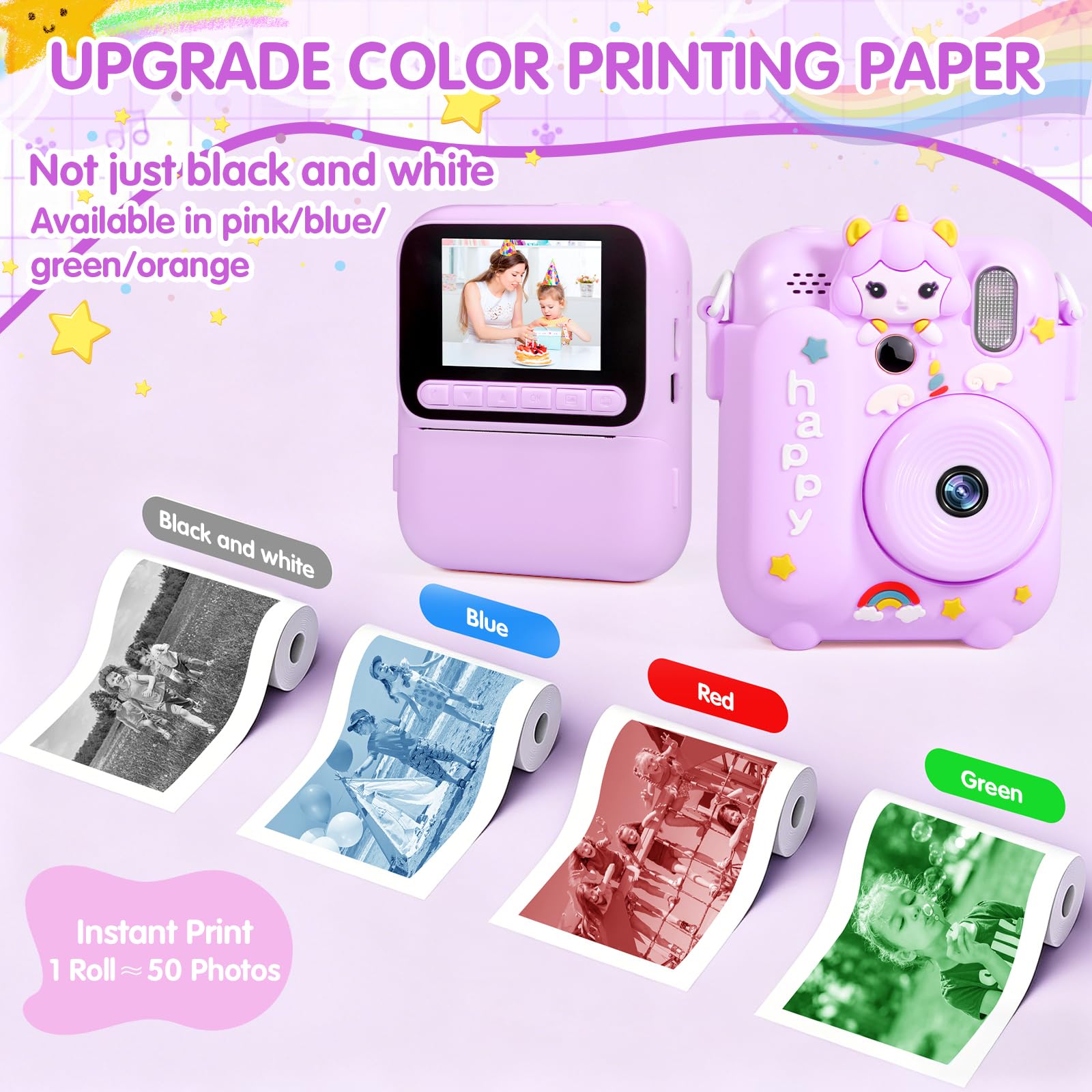 Appareil Photo Instantané, 2.4" Écran Appareil Photo Enfant avec Papier d'impression et Carte 32GB, 1080P Appareil Photo Numérique Enfant, Cadeau Jouet pour Enfant Garçons Filles de 3-14 Ans