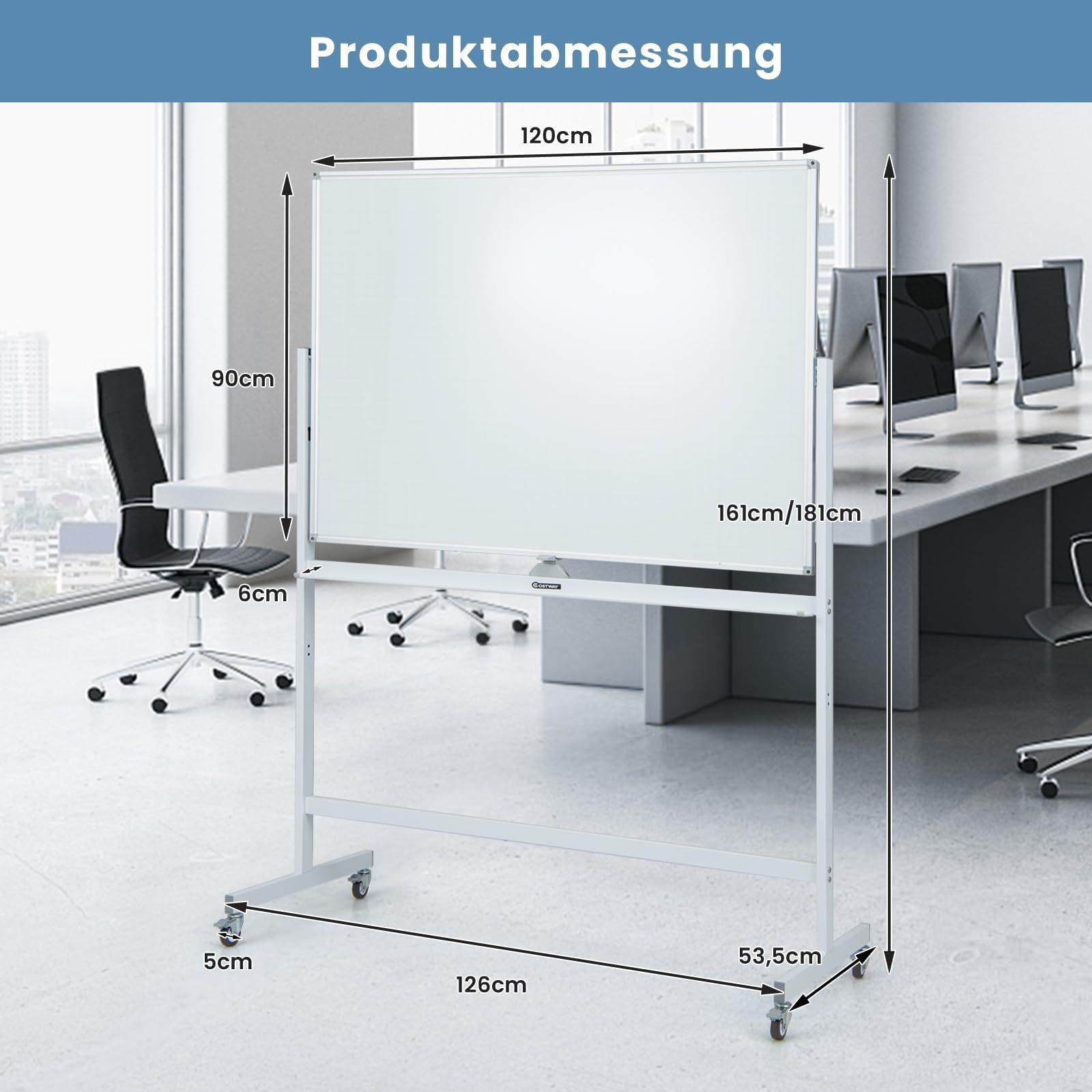 FANTASK Doppelseitiges mobiles Whiteboard, 120 x 90 cm, Trocken abwischbares magnetisches Whiteboard mit Gittermuster, Rollen, Ständer und Stiftablage, inkl. Zubehör für Büro, Zuhause (Weiß)