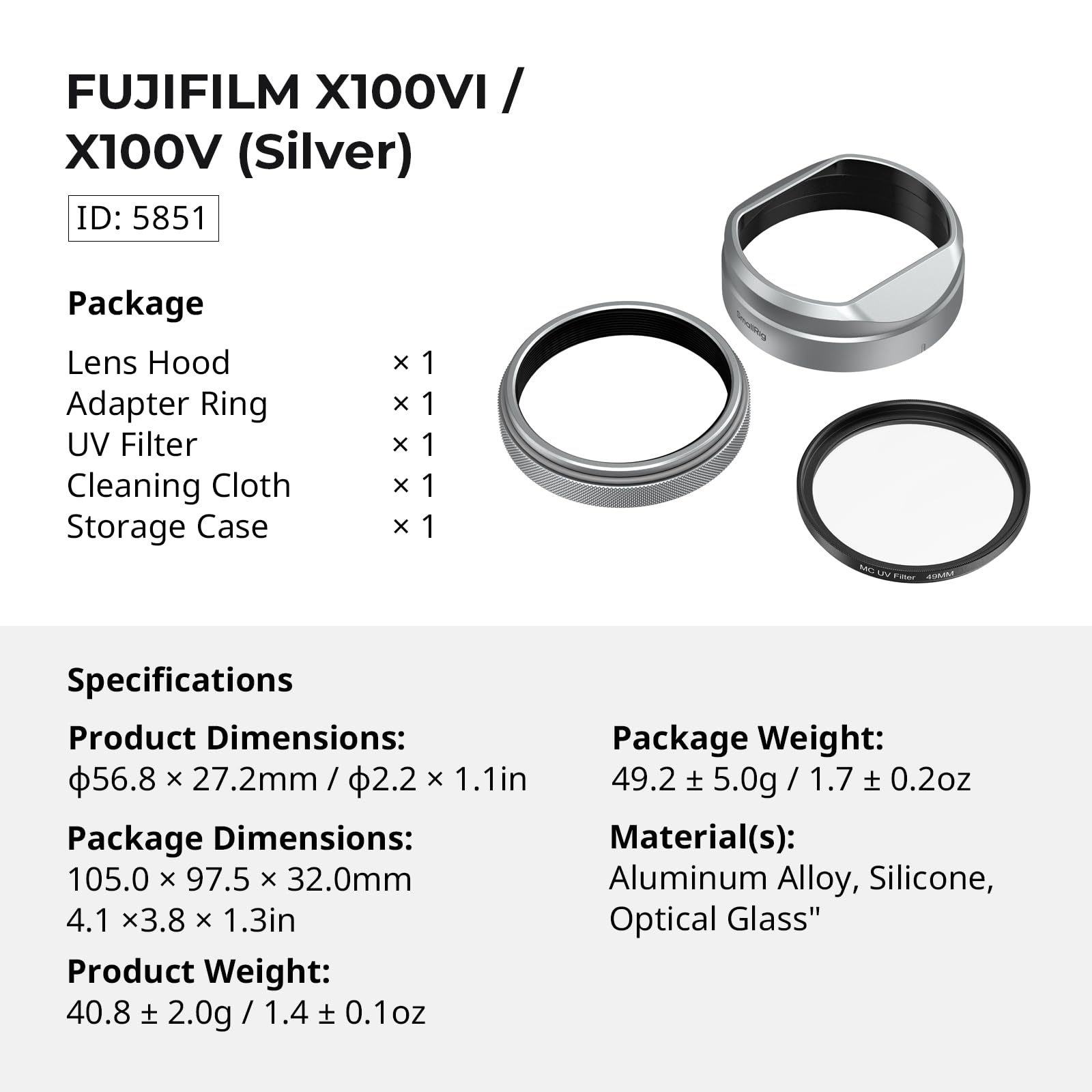 SMALLRIG Kit Filtre UV avec Pare-Soleil pour FUJIFILM X100VI / X100V, Filtre UV avec 99% de Transmission Lumineuse, Anti-Reflets et Anti-Images fantômes, Argent - 5851