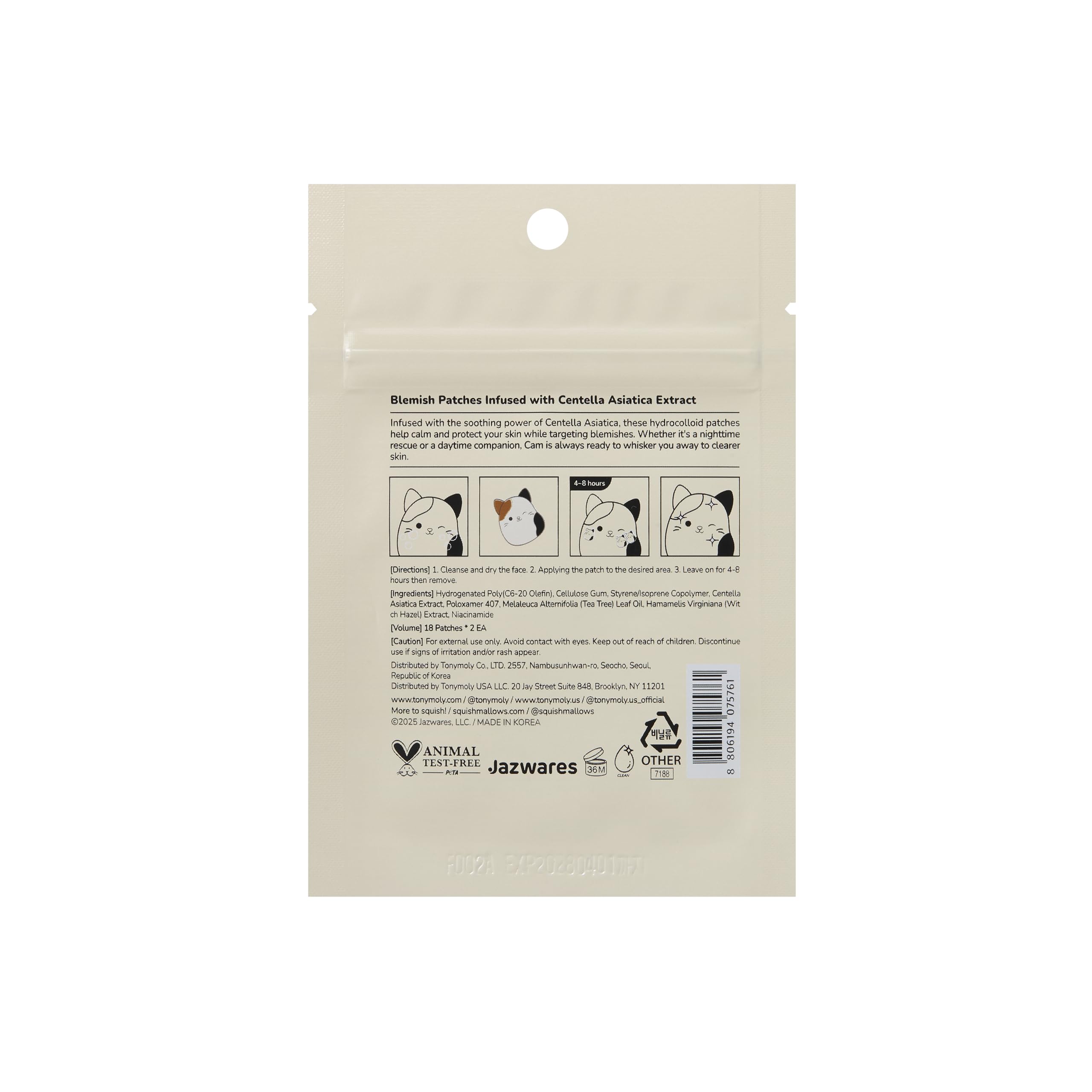 TONYMOLY x Squishmallows Cam the Calico Cat Blemish Patches – Centella Asiatica Hydrocolloid Acne Treatment Stickers for Face – Cute K-Beauty Pimple Patch – 36 Count