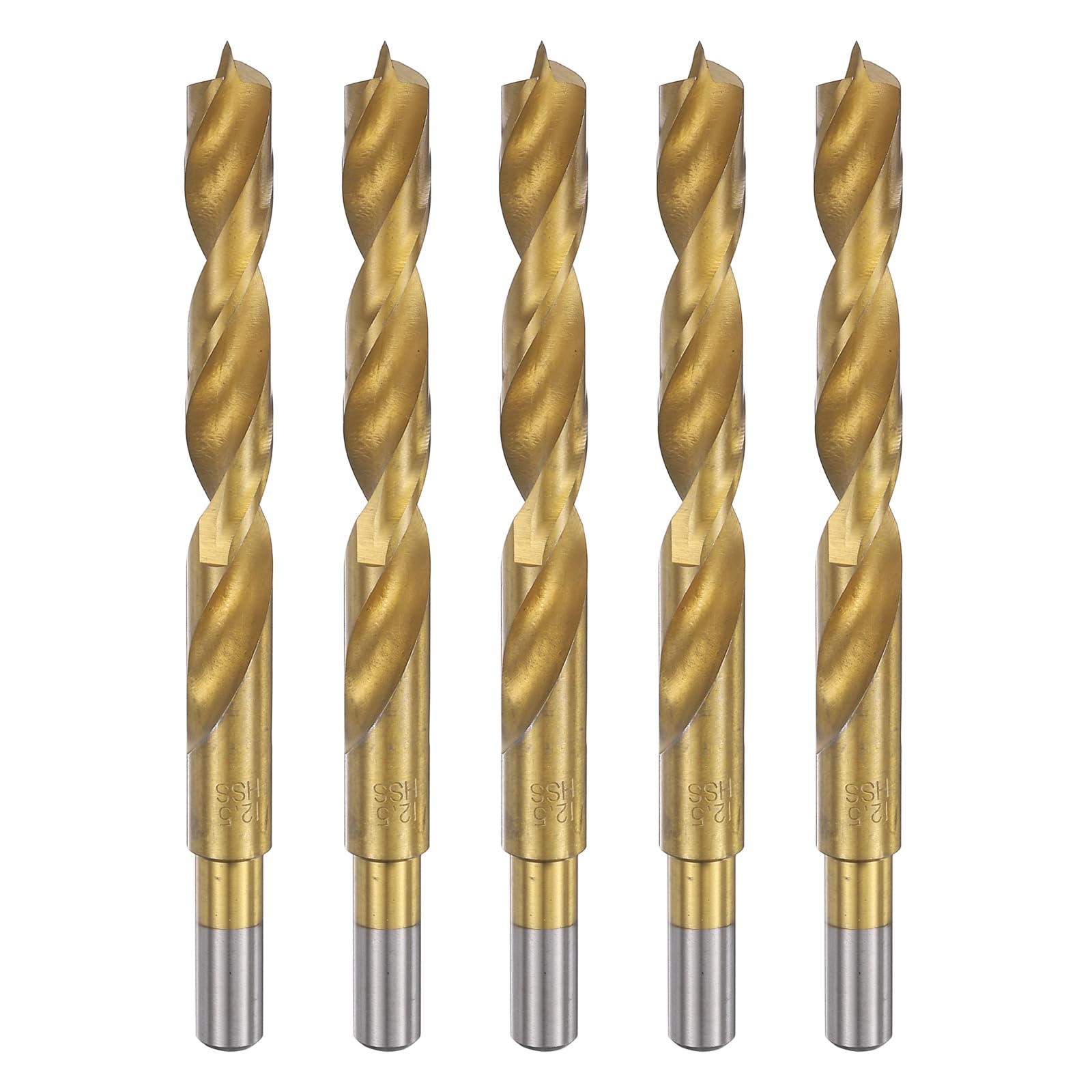 QUARKZMAN 5pcs Mèches À Pointe Brad 12.5mm(31/64") Dia HSS4241 Tige Droite Ronde Métrique Mèches À Pointe Brad Spirale Pour Menuiserie Travail Du Bois Plastique Caoutchouc, Doré