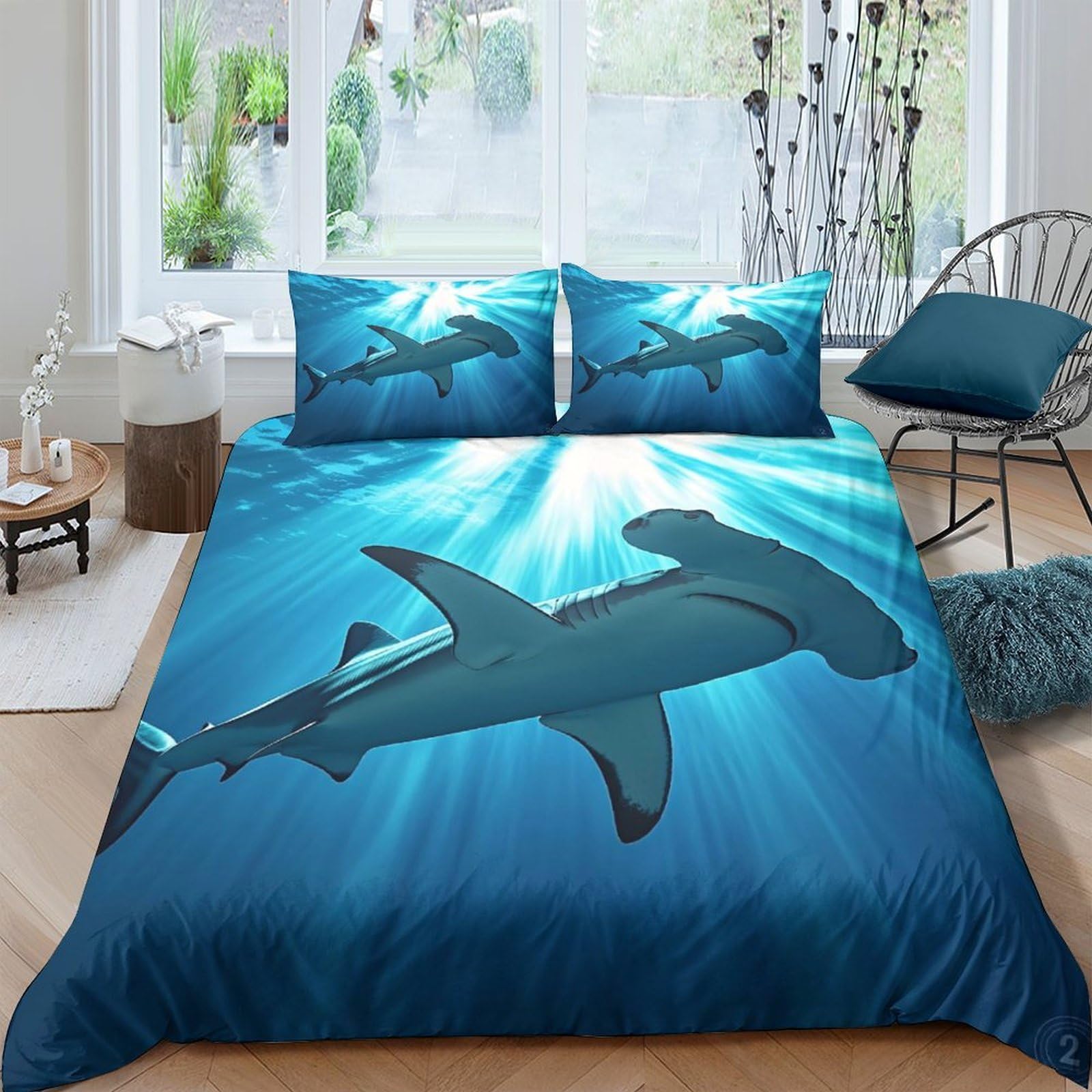 GPLZQXKJNH 3D Printed Hammerhead Shark Duvet Cover Microfiber Soft Ocean Blue Quilt Cover Set with 2 Pillowcases for Bedroom Decor Single（135x200cm）