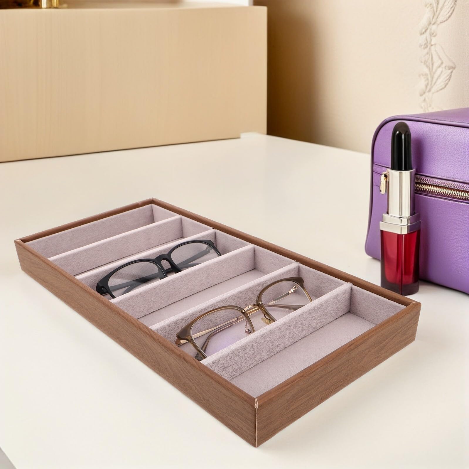 Housoutil Bandeja Organizadora de Gafas de Sol de Madera Compartimentos para Joyas, Estuche Rígido para Almacenamiento en Mesita de Noche, Exhibidor Multifuncional para Gafas y Accesorios
