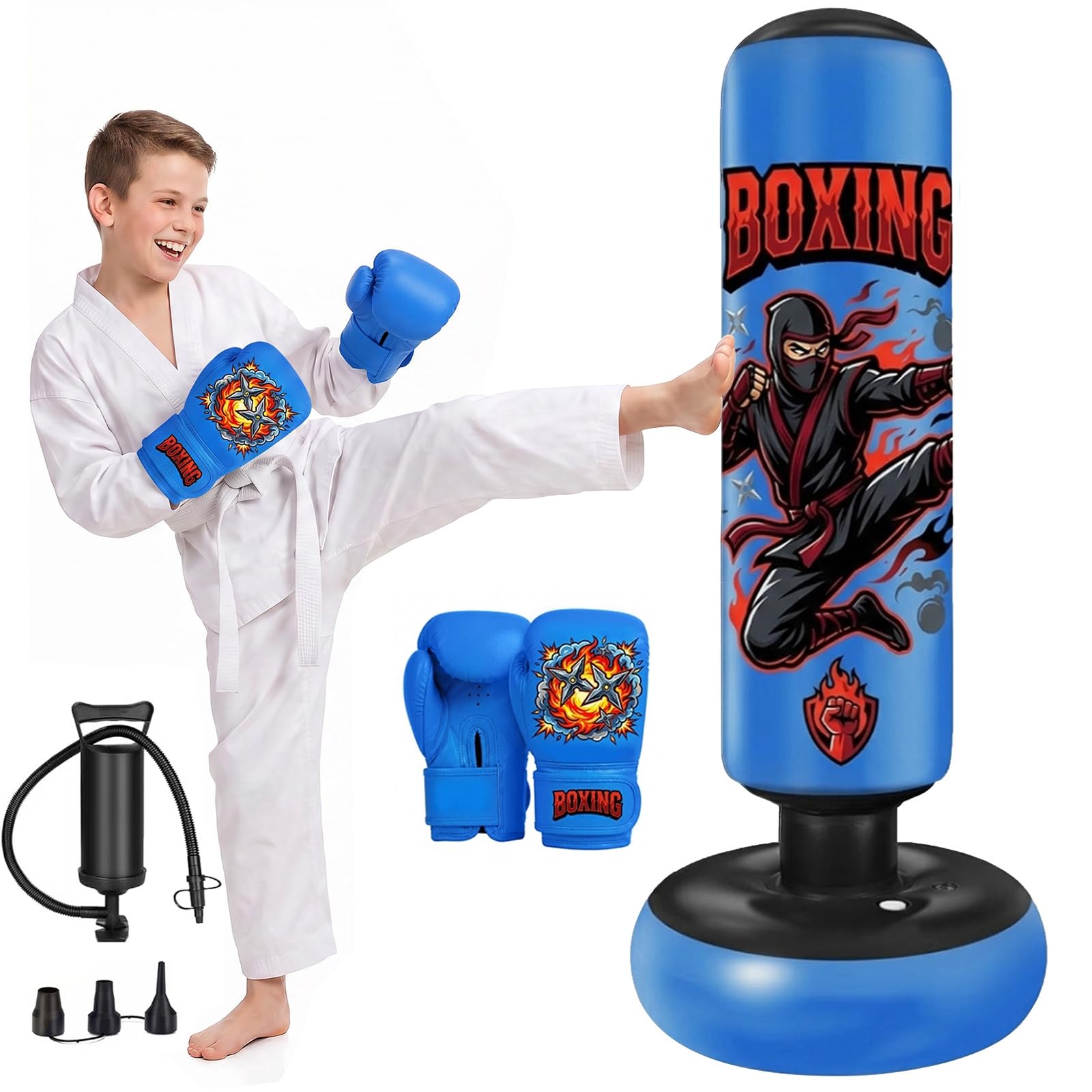 Sacco da boxe da pavimento, sacco da boxe per bambini, gonfiabile, con guanti | Sacco da boxe gonfiabile stabile per karate, kickboxing, MMA, regalo ideale per ragazzi e ragazze