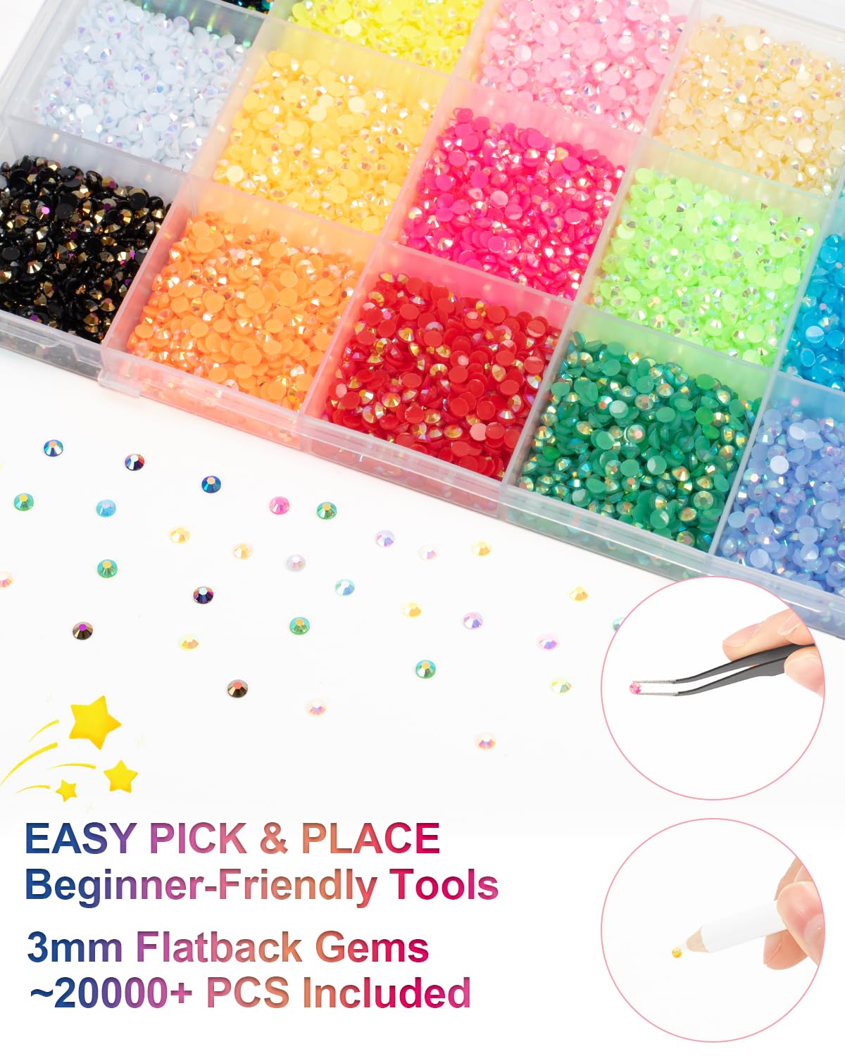 Vinuwu Kit de 18 couleurs éblouissantes, 22 000 strass à dos plat de 3 mm pour éblouissement avec stylo, kit de pierres précieuses Bedazzler pour loisirs créatifs, nail art, vêtements, chaussures