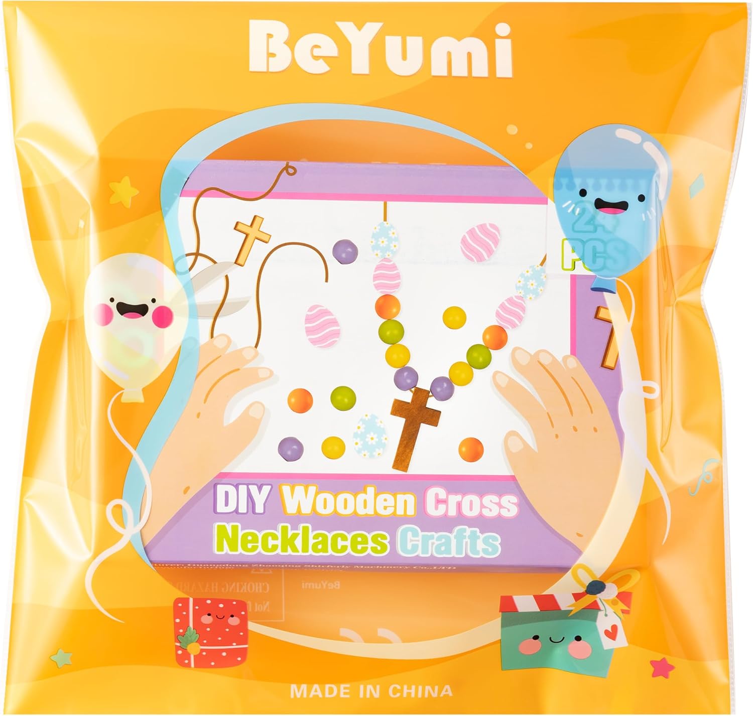 BeYumi Easter Cross Necklace Craft - 24Pcs Easter Christian Wooden Cross Eggs Beads Necklace Craft Kit for Kids DIY Gift Religious Jesus Eggs Decor Sunday School Classroom Church Party Fun Activities